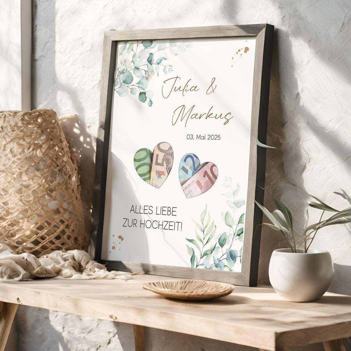 Geldgeschenk Hochzeit Poster Personalisiert Geldscheine Brautpaar Heirat Hochzeitsgeschenk Eukalyptus