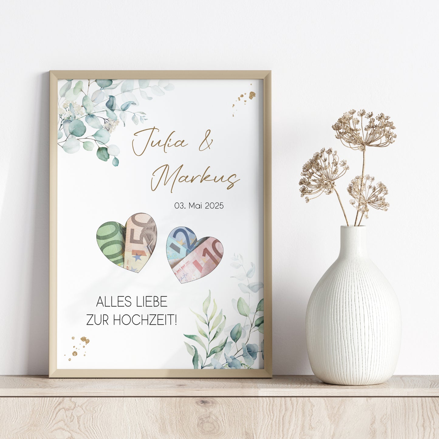 Geldgeschenk Hochzeit Poster Personalisiert Geldscheine Brautpaar Heirat Hochzeitsgeschenk Eukalyptus