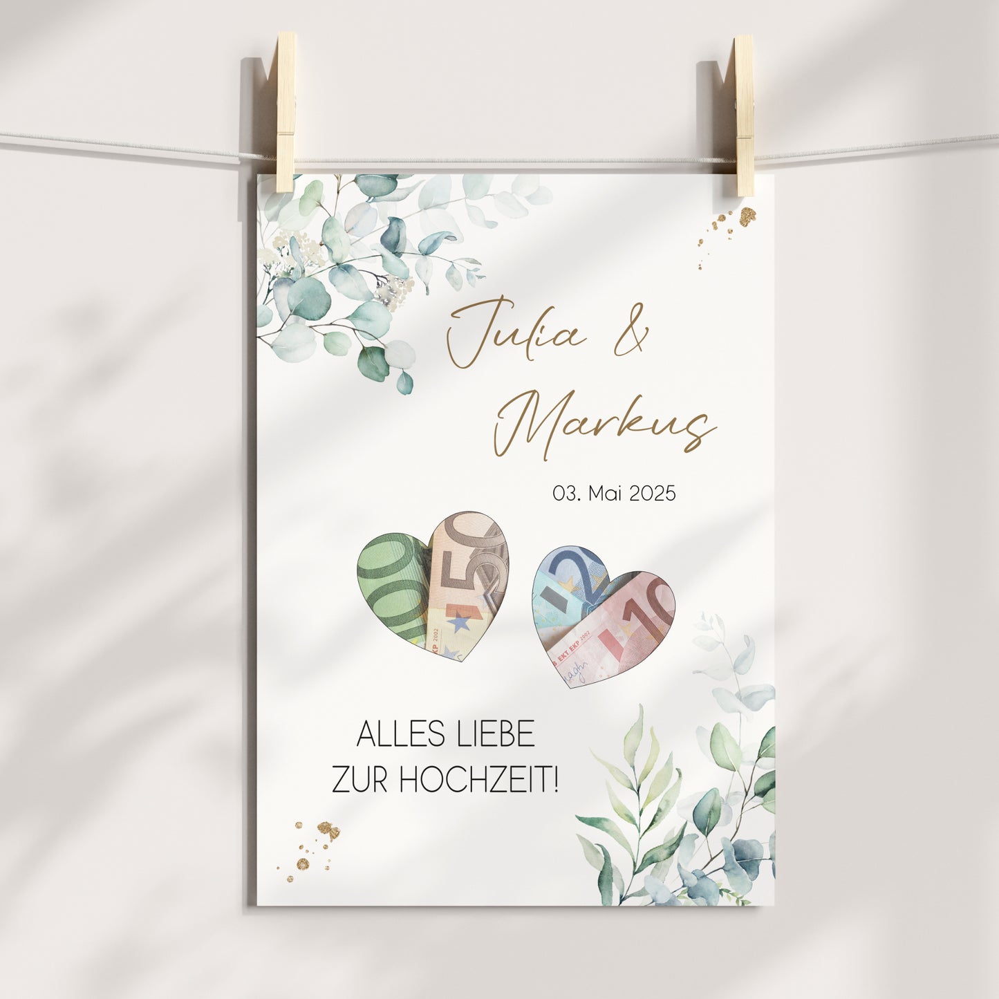 Geldgeschenk Hochzeit Poster Personalisiert Geldscheine Brautpaar Heirat Hochzeitsgeschenk Eukalyptus