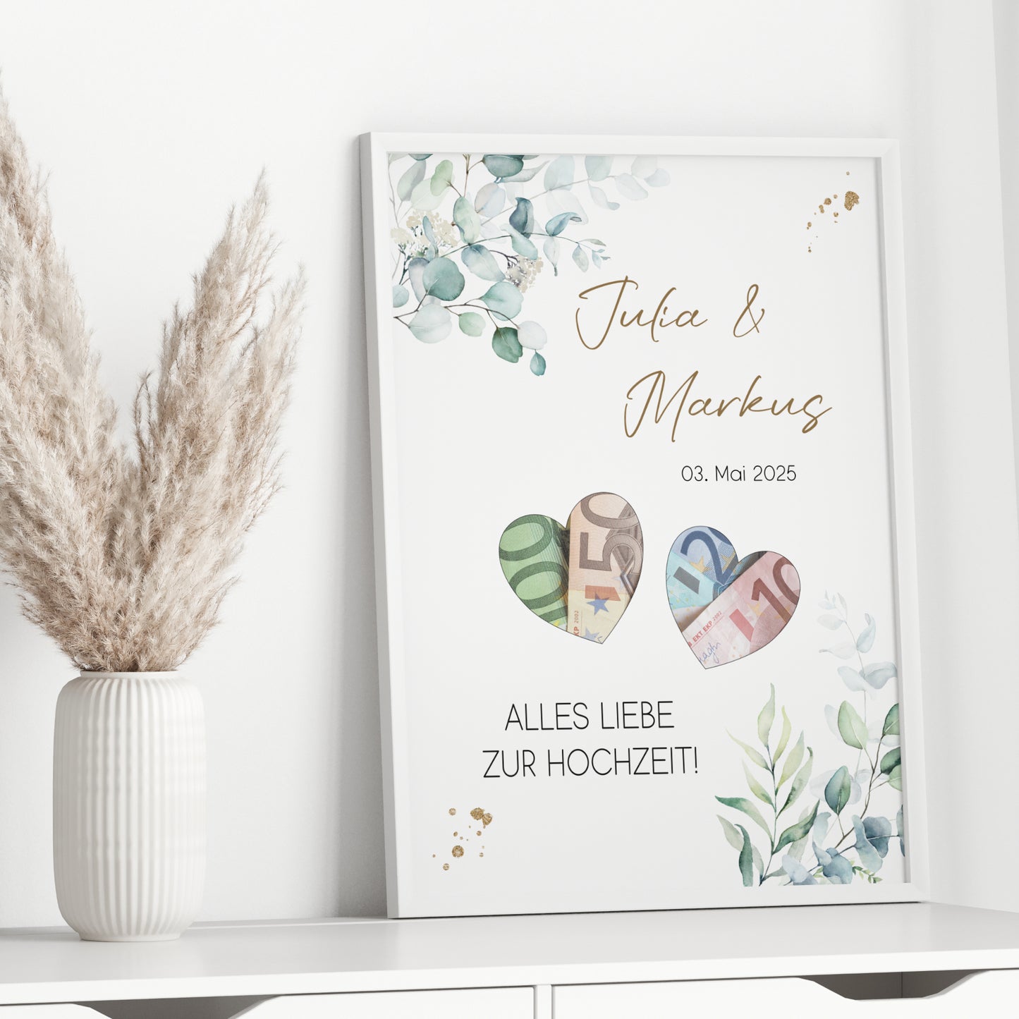 Geldgeschenk Hochzeit Poster Personalisiert Geldscheine Brautpaar Heirat Hochzeitsgeschenk Eukalyptus