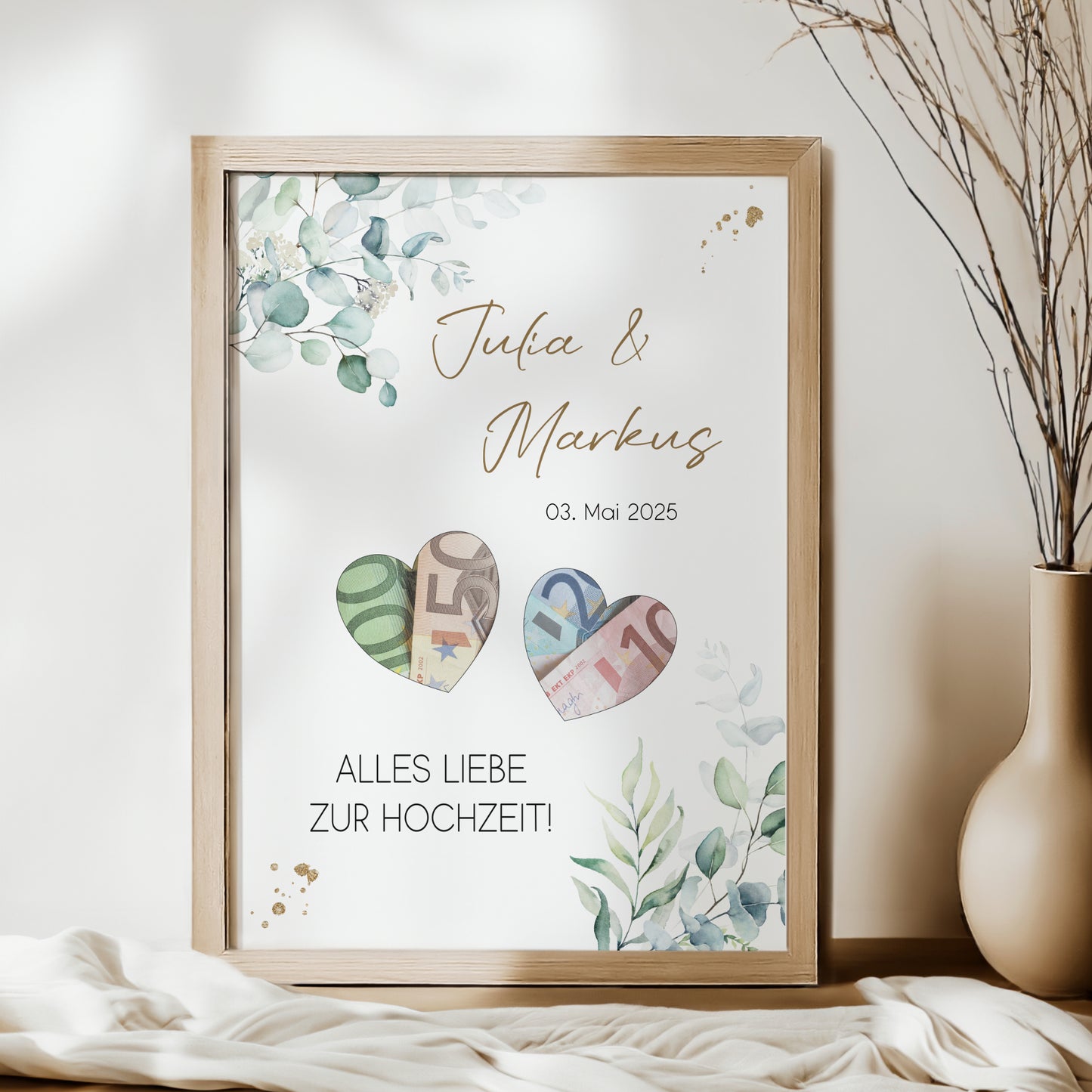Geldgeschenk Hochzeit Poster Personalisiert Geldscheine Brautpaar Heirat Hochzeitsgeschenk Eukalyptus