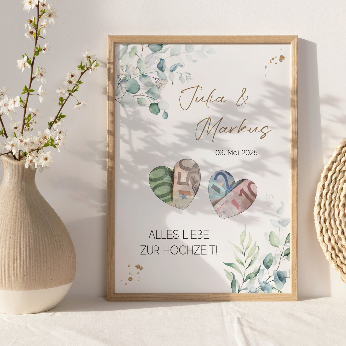 Geldgeschenk Hochzeit Poster Personalisiert Geldscheine Brautpaar Heirat Hochzeitsgeschenk Eukalyptus