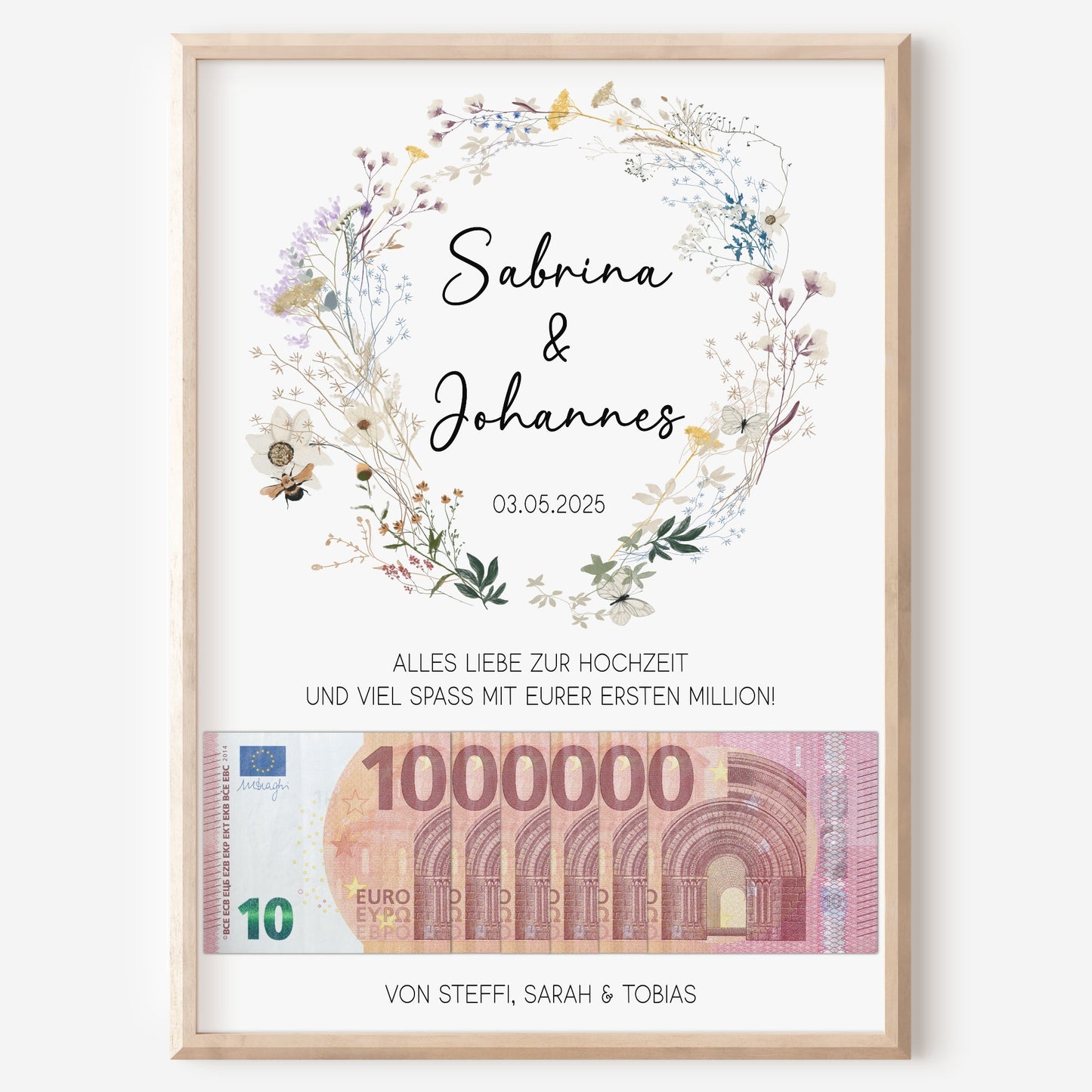 Geldgeschenk Hochzeit Poster Personalisiert Geldscheine Brautpaar Heirat Hochzeitsgeschenk Wildblumen