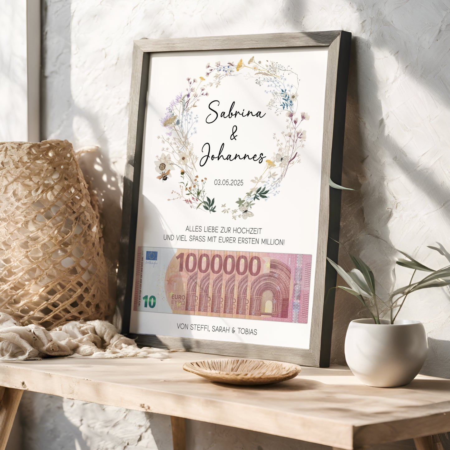 Geldgeschenk Hochzeit Poster Personalisiert Geldscheine Brautpaar Heirat Hochzeitsgeschenk Wildblumen
