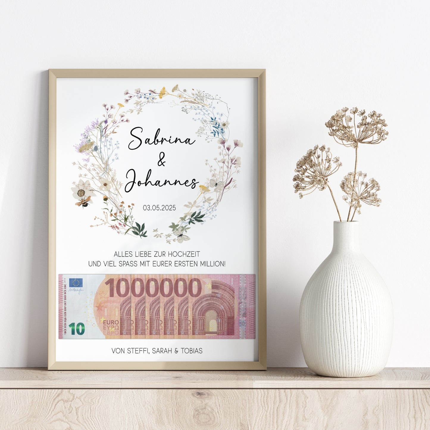 Geldgeschenk Hochzeit Poster Personalisiert Geldscheine Brautpaar Heirat Hochzeitsgeschenk Wildblumen