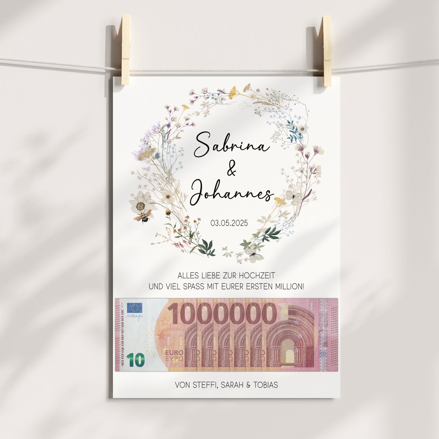 Geldgeschenk Hochzeit Poster Personalisiert Geldscheine Brautpaar Heirat Hochzeitsgeschenk Wildblumen