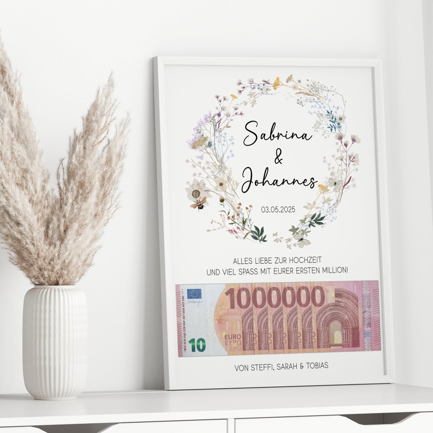 Geldgeschenk Hochzeit Poster Personalisiert Geldscheine Brautpaar Heirat Hochzeitsgeschenk Wildblumen