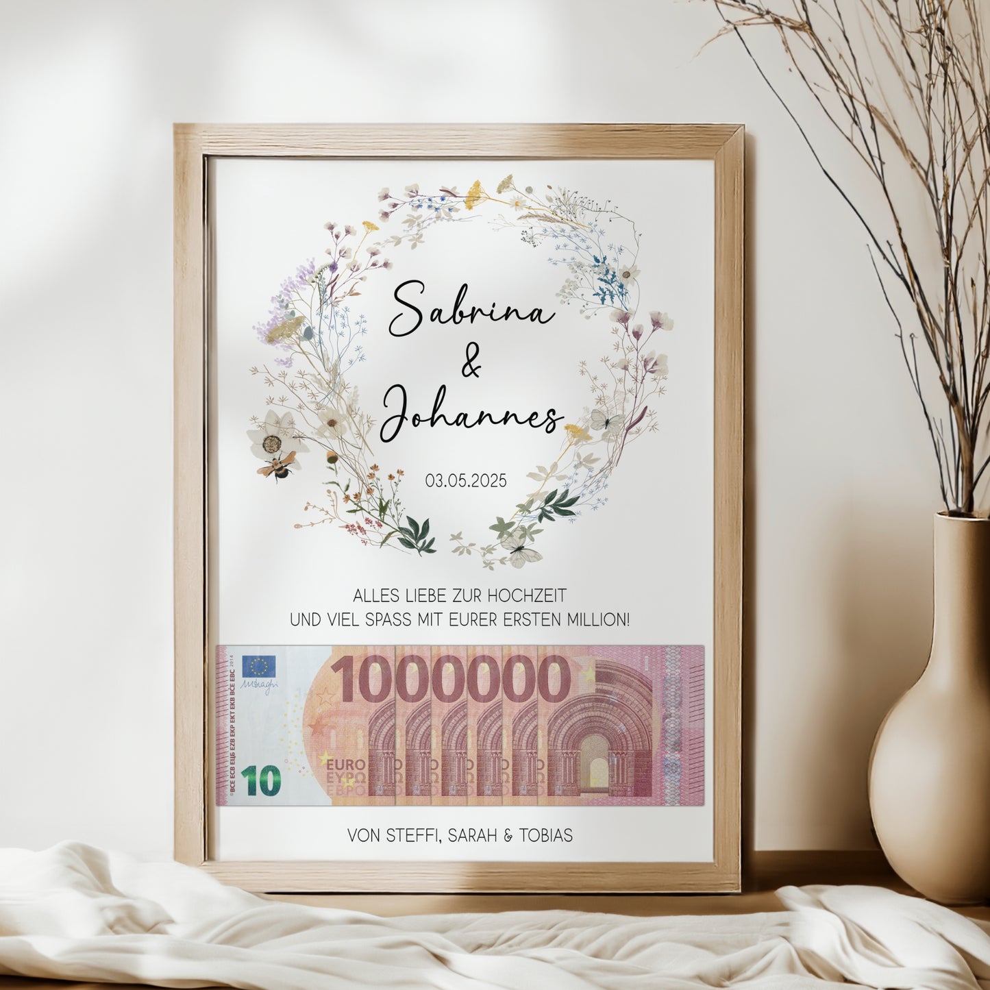 Geldgeschenk Hochzeit Poster Personalisiert Geldscheine Brautpaar Heirat Hochzeitsgeschenk Wildblumen