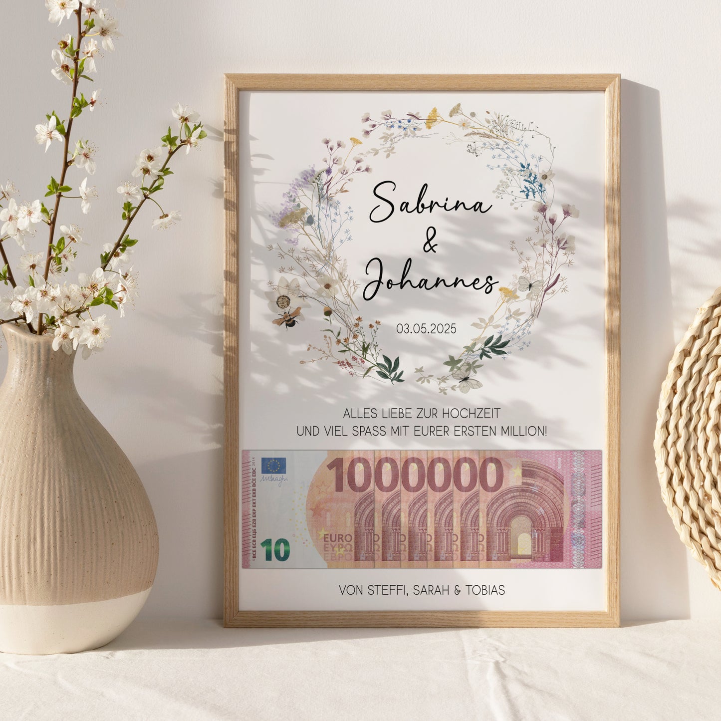 Geldgeschenk Hochzeit Poster Personalisiert Geldscheine Brautpaar Heirat Hochzeitsgeschenk Wildblumen
