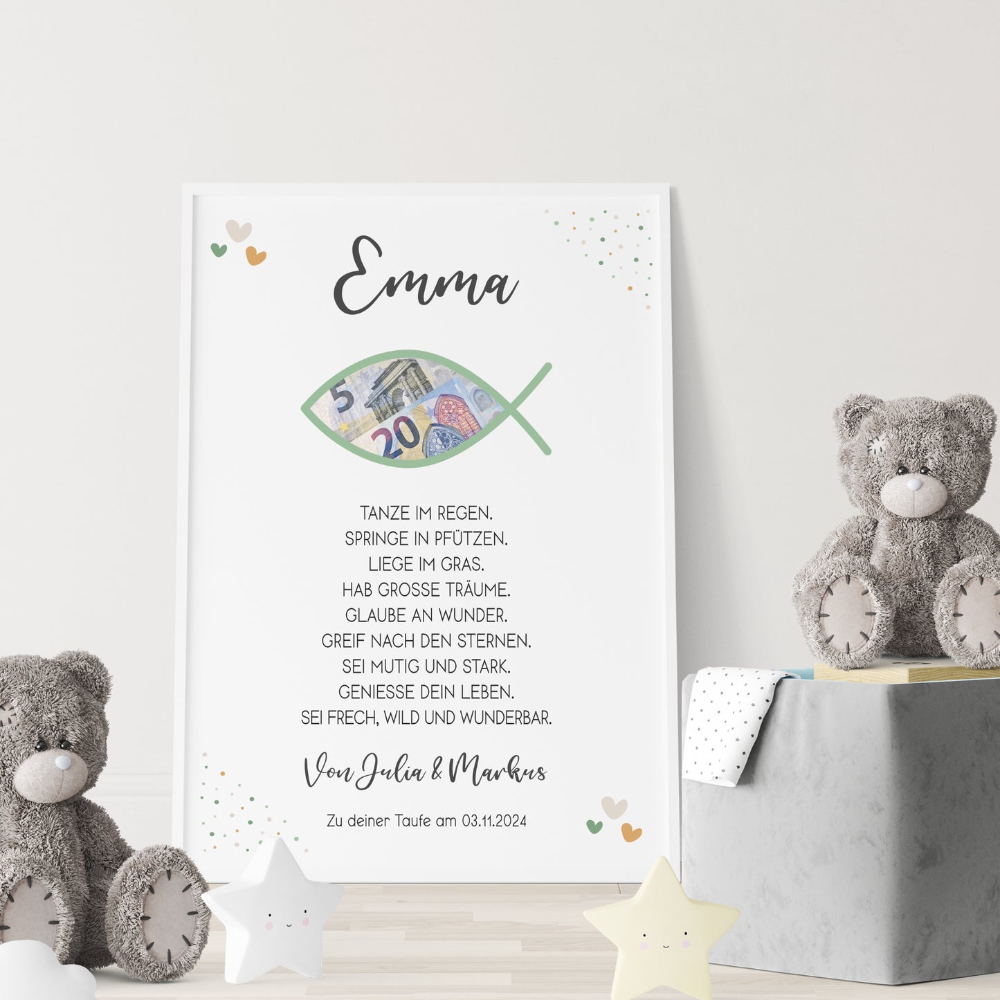 Geldgeschenk Patenkind Taufe Poster personalisiert Taufgeschenk Fisch Junge Mädchen Patenbrief