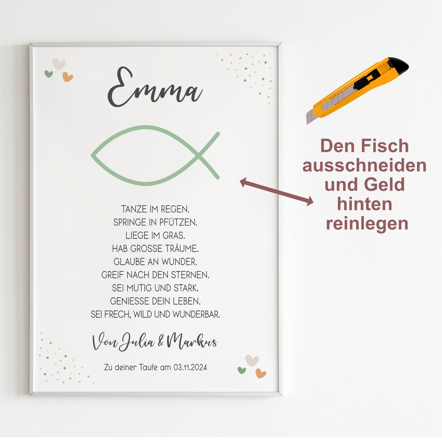 Geldgeschenk Patenkind Taufe Poster personalisiert Taufgeschenk Fisch Junge Mädchen Patenbrief
