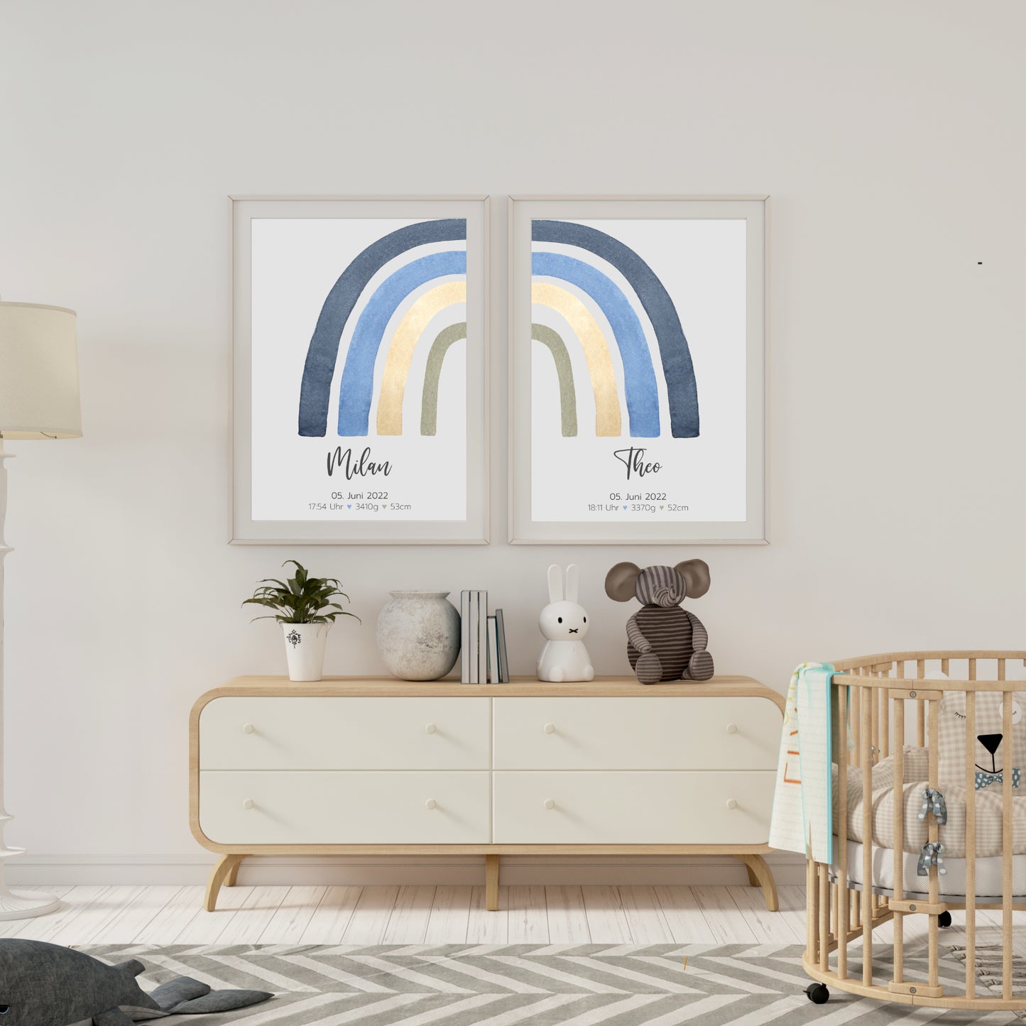 Geburtsposter Zwillinge Geschwister Geburtsdaten Regenbogen Jungen personalisiert