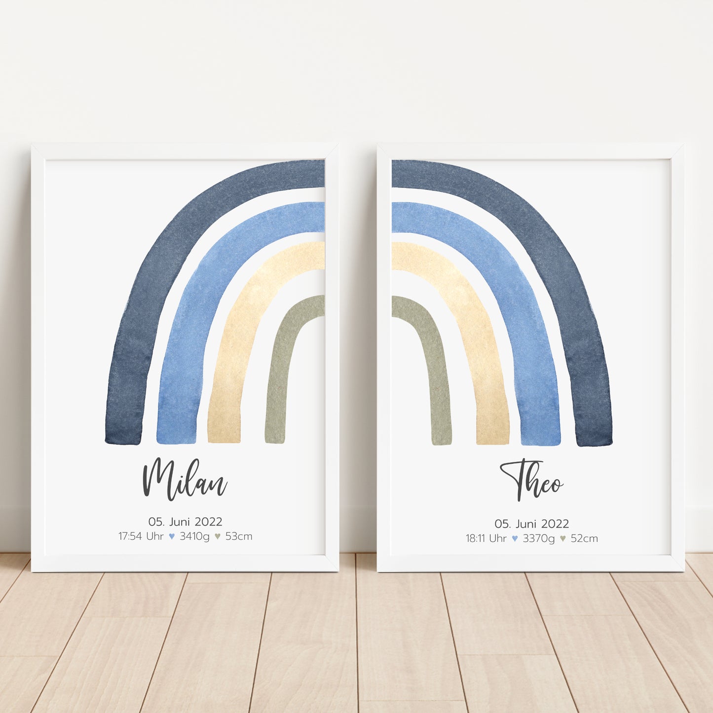 Geburtsposter Zwillinge Geschwister Geburtsdaten Regenbogen Jungen personalisiert