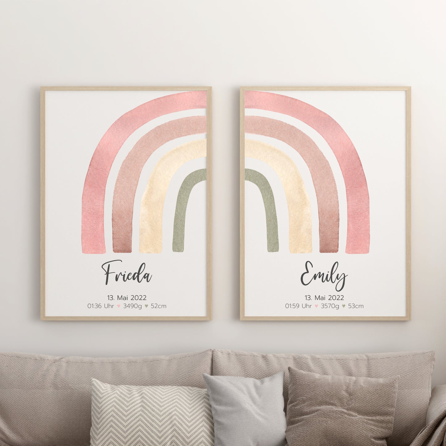 Geburtsposter Zwillinge Geschwister Geburtsdaten Regenbogen Mädchen personalisiert