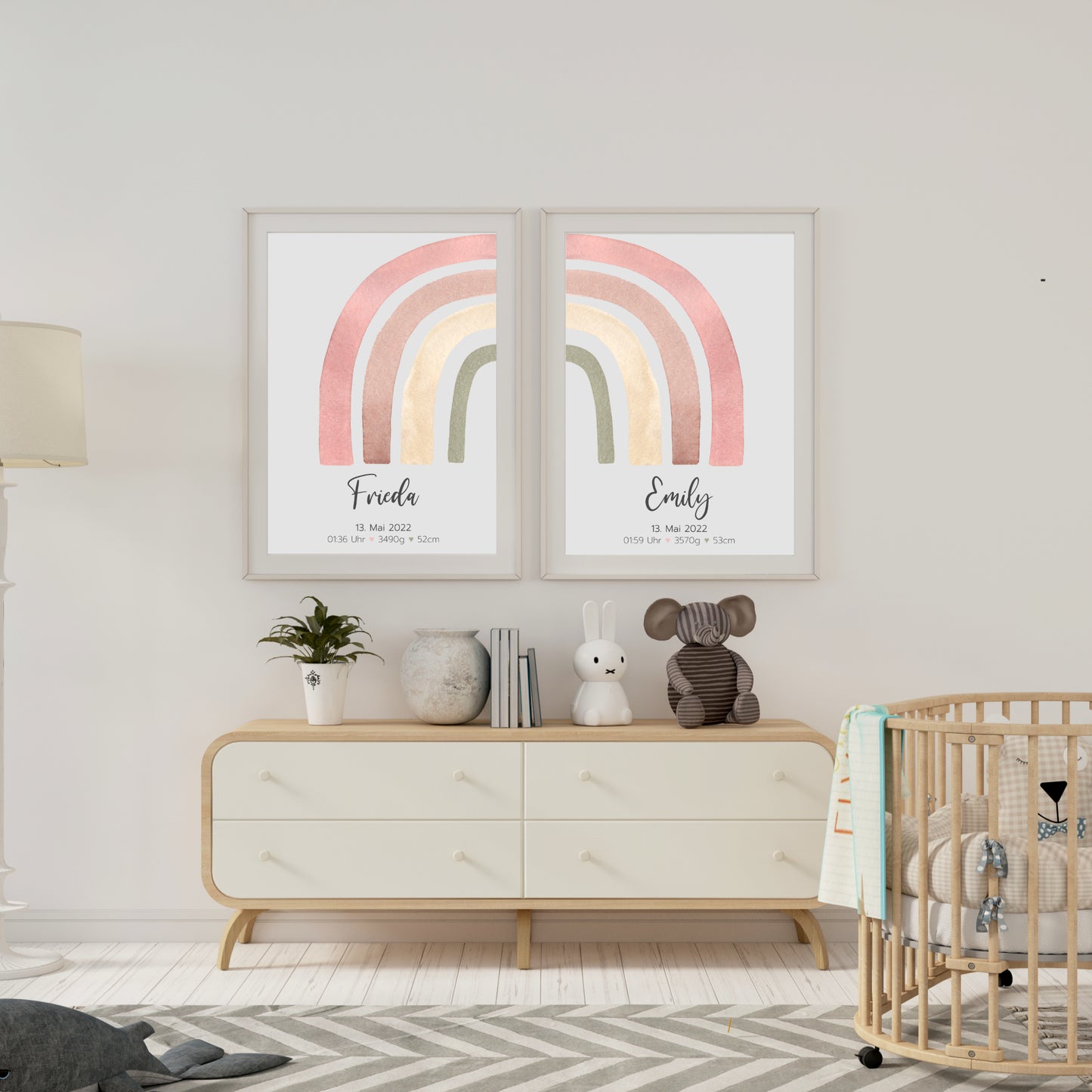 Geburtsposter Zwillinge Geschwister Geburtsdaten Regenbogen Mädchen personalisiert