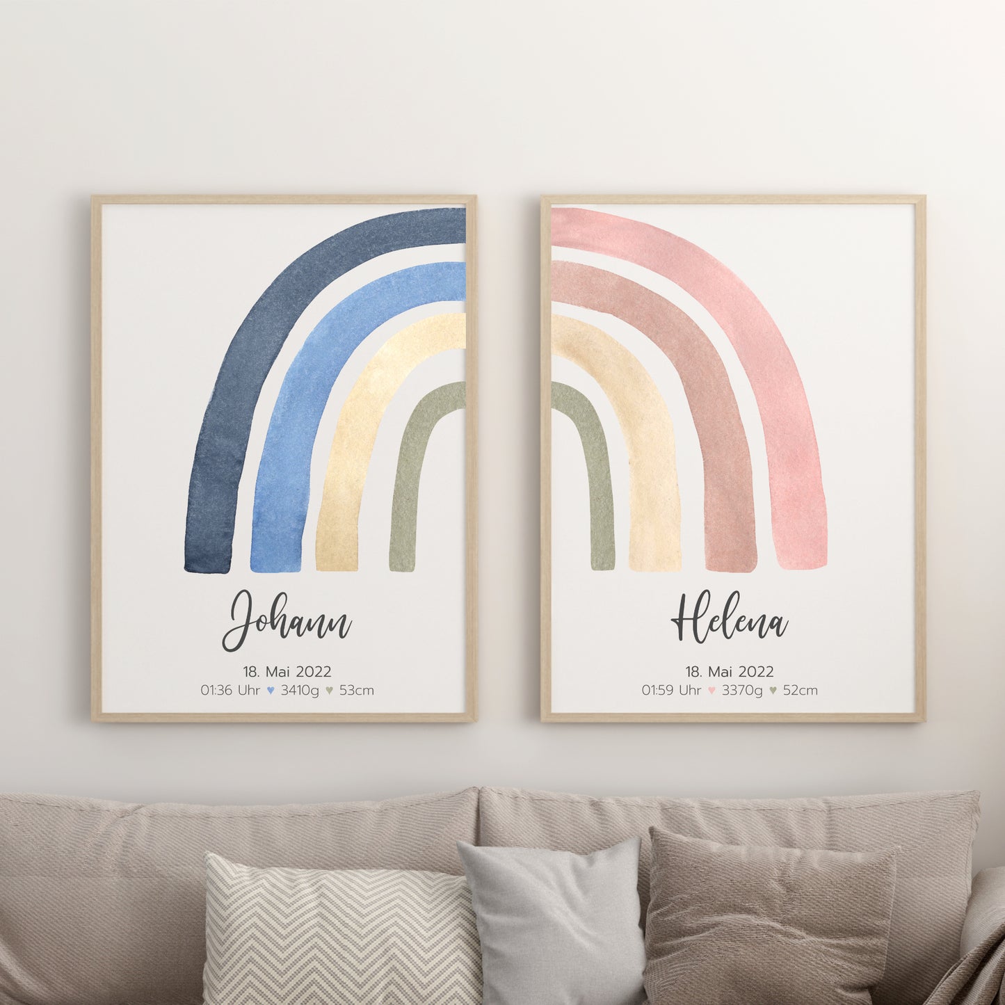 Geburtsposter Zwillinge Geschwister Geburtsdaten Regenbogen Junge Mädchen personalisiert