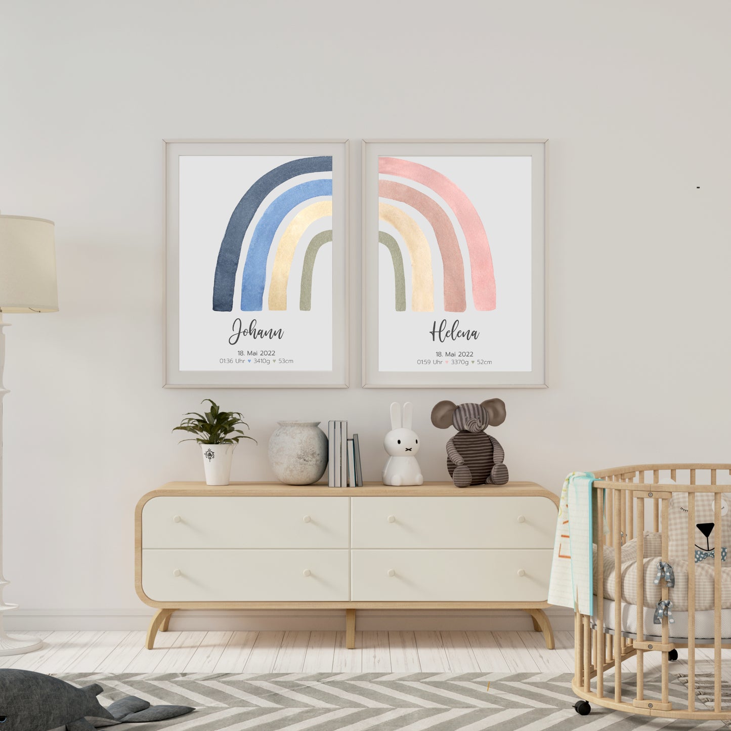 Geburtsposter Zwillinge Geschwister Geburtsdaten Regenbogen Junge Mädchen personalisiert