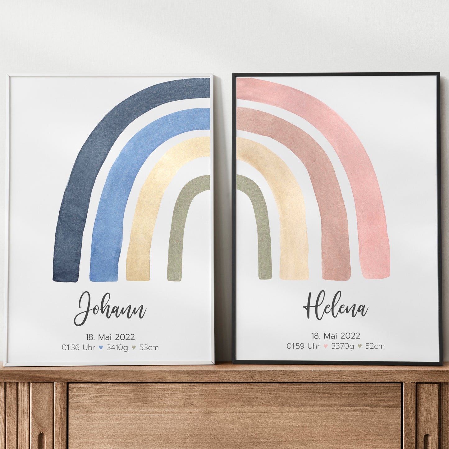 Geburtsposter Zwillinge Geschwister Geburtsdaten Regenbogen Junge Mädchen personalisiert