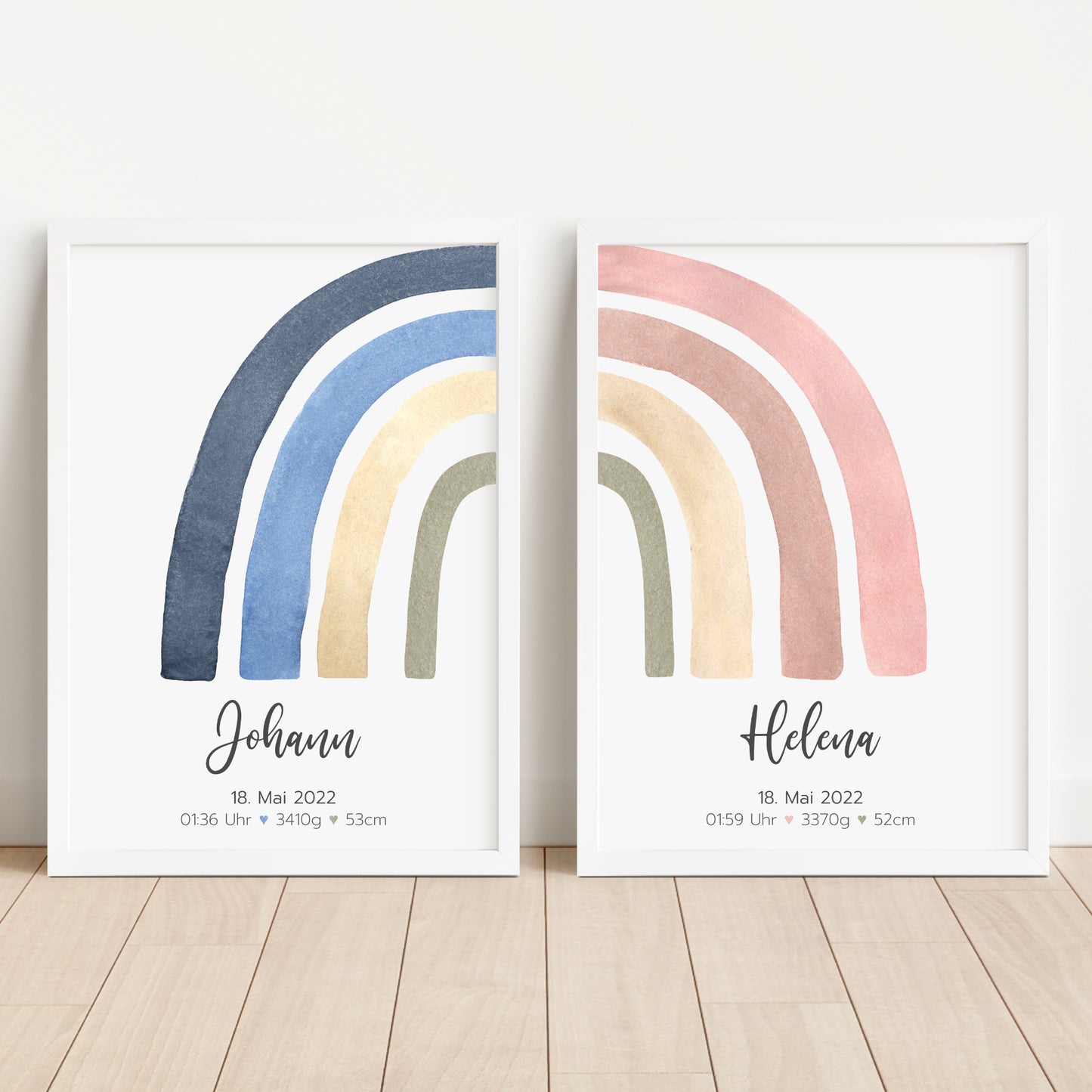 Geburtsposter Zwillinge Geschwister Geburtsdaten Regenbogen Junge Mädchen personalisiert