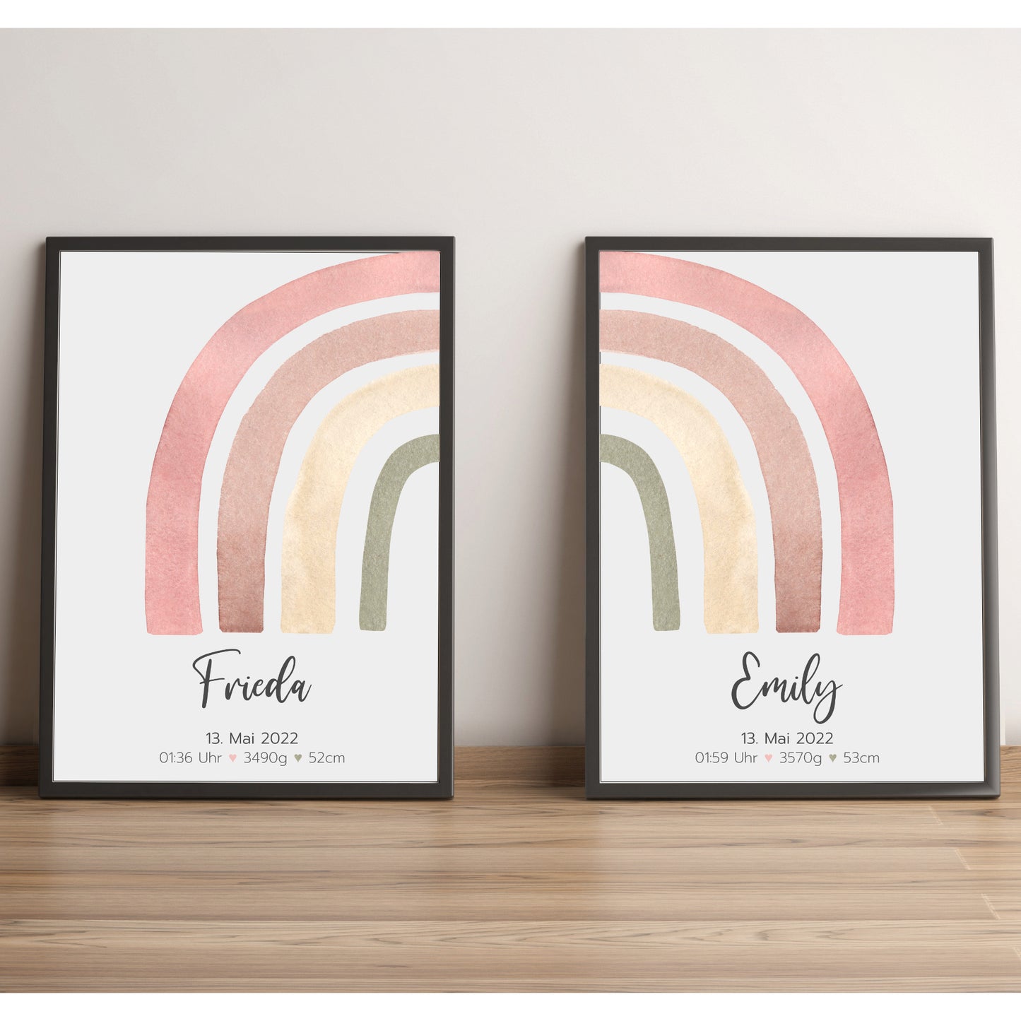 Geburtsposter Zwillinge Geschwister Geburtsdaten Regenbogen Mädchen personalisiert
