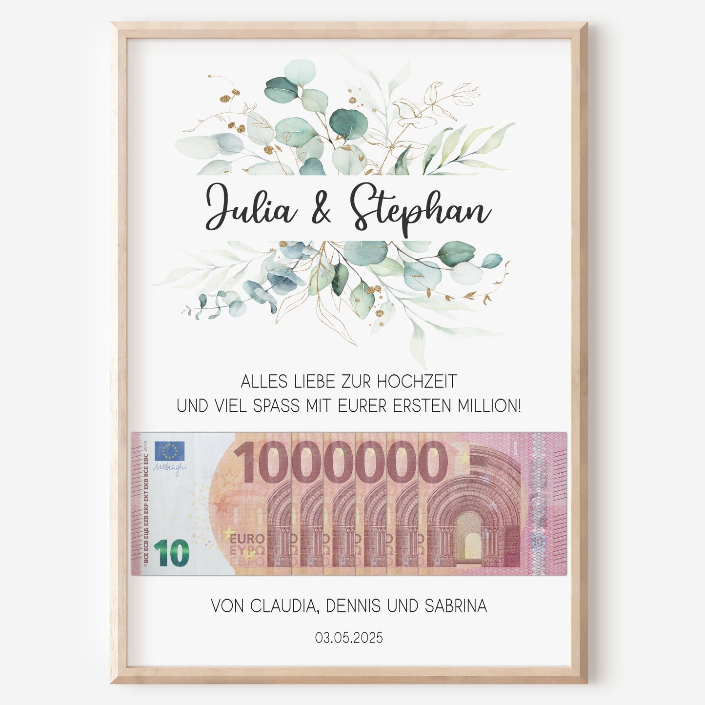 Geldgeschenk Hochzeit Poster Personalisiert Geldscheine Brautpaar Heirat Hochzeitsgeschenk Eukalyptus