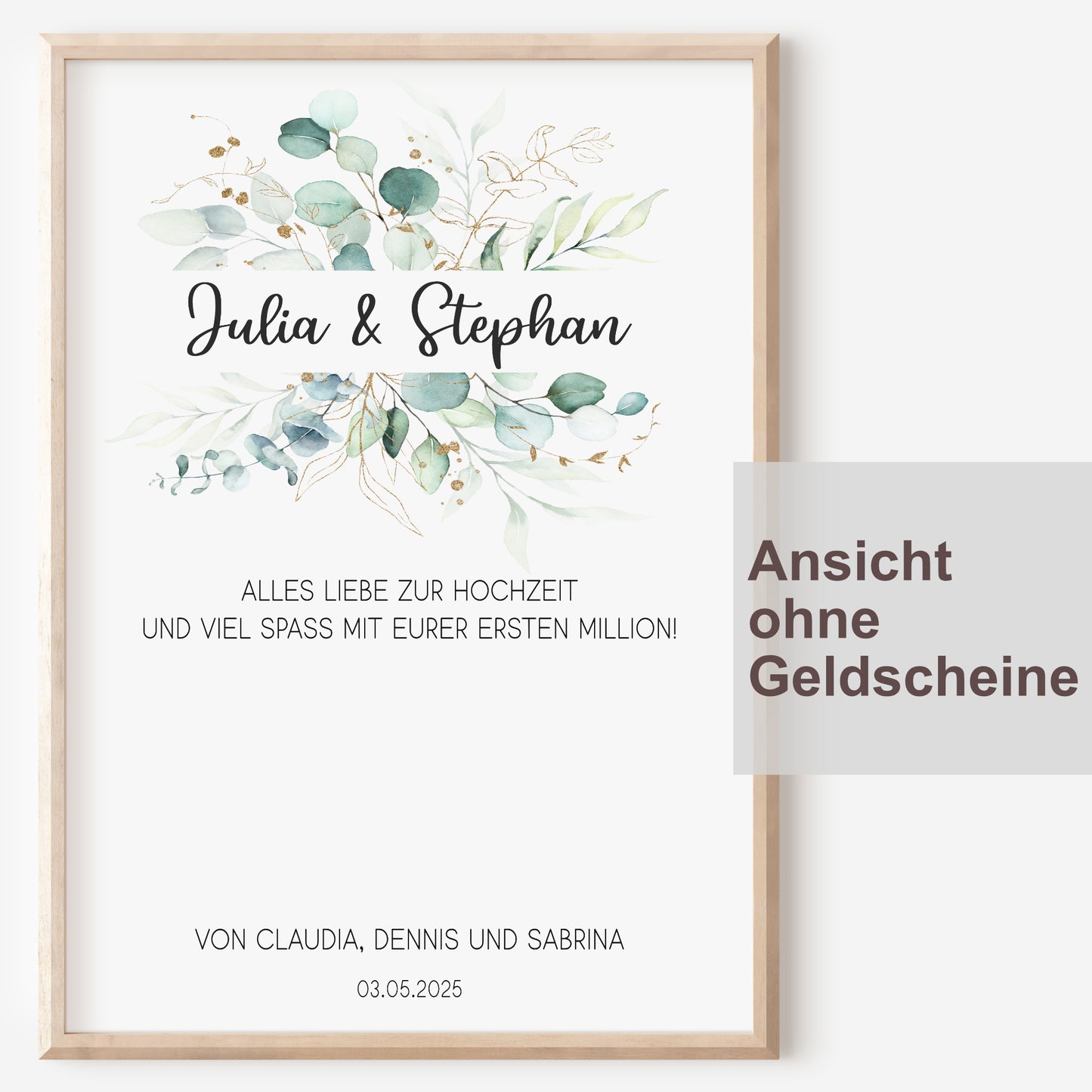 Geldgeschenk Hochzeit Poster Personalisiert Geldscheine Brautpaar Heirat Hochzeitsgeschenk Eukalyptus