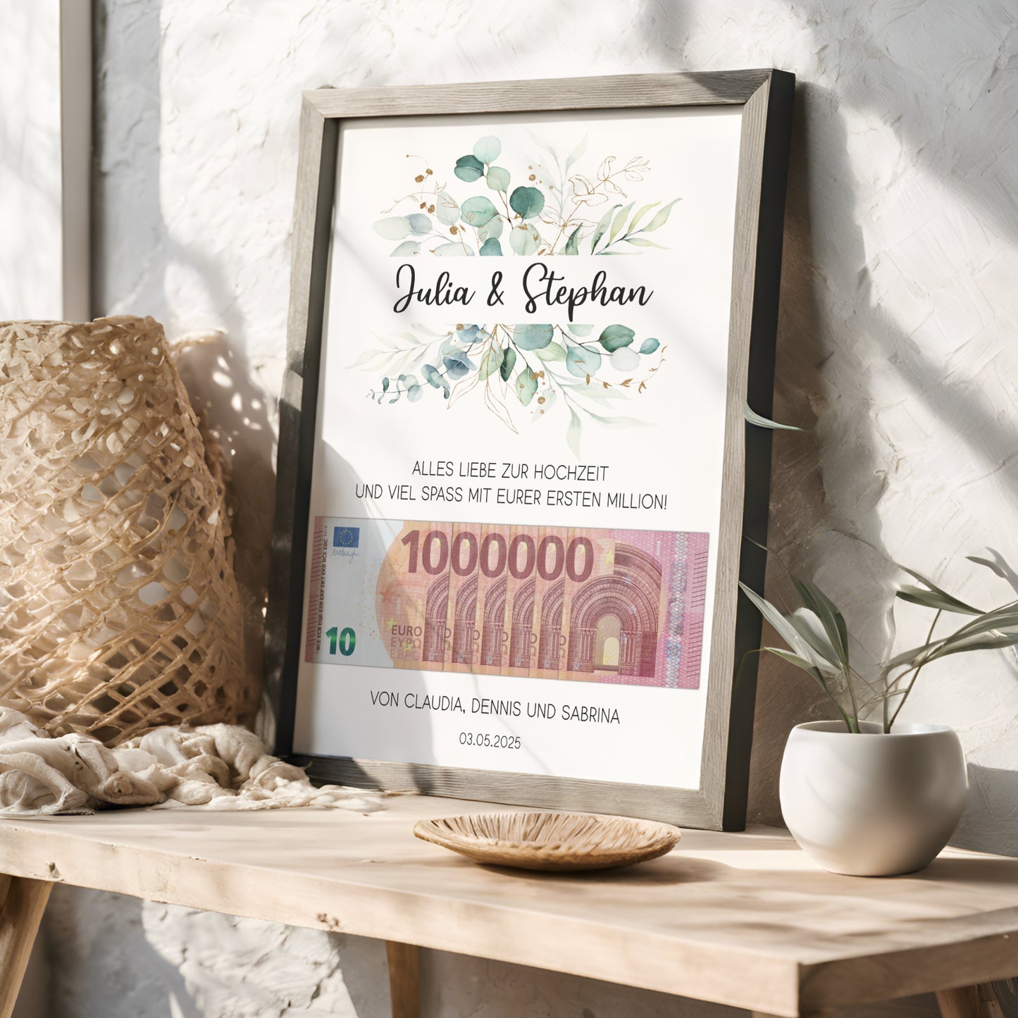 Geldgeschenk Hochzeit Poster Personalisiert Geldscheine Brautpaar Heirat Hochzeitsgeschenk Eukalyptus