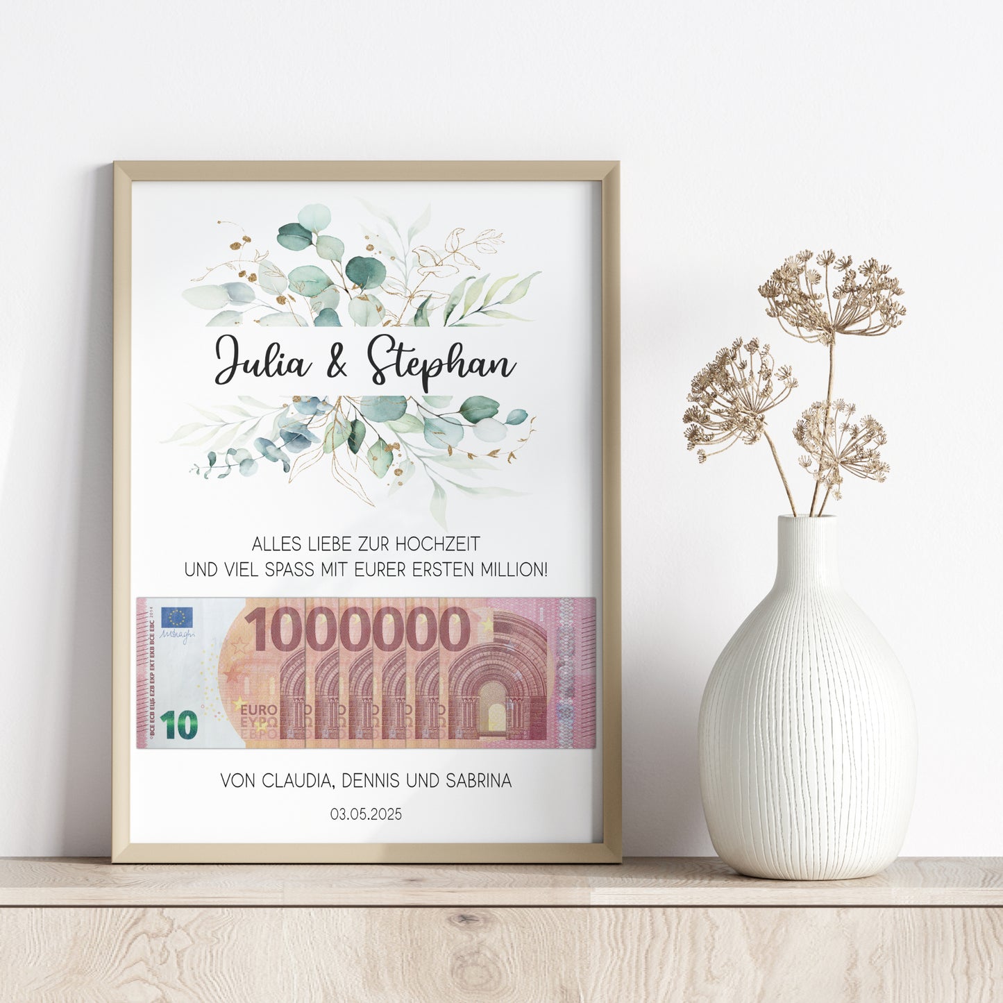 Geldgeschenk Hochzeit Poster Personalisiert Geldscheine Brautpaar Heirat Hochzeitsgeschenk Eukalyptus