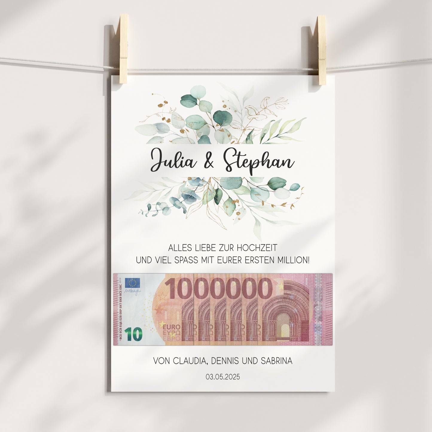 Geldgeschenk Hochzeit Poster Personalisiert Geldscheine Brautpaar Heirat Hochzeitsgeschenk Eukalyptus