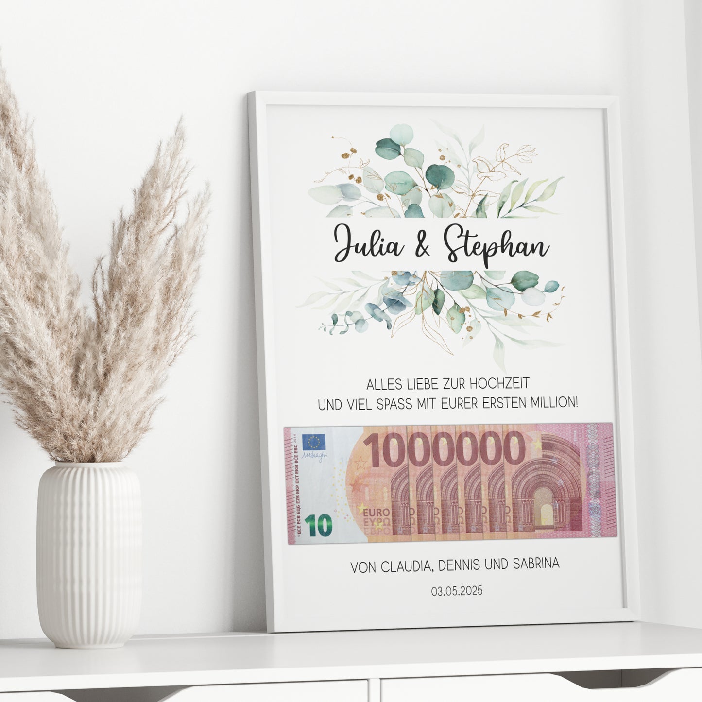 Geldgeschenk Hochzeit Poster Personalisiert Geldscheine Brautpaar Heirat Hochzeitsgeschenk Eukalyptus