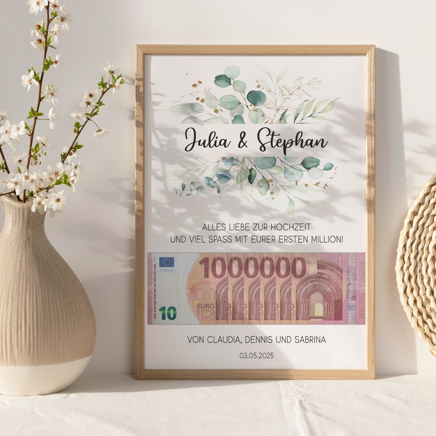 Geldgeschenk Hochzeit Poster Personalisiert Geldscheine Brautpaar Heirat Hochzeitsgeschenk Eukalyptus