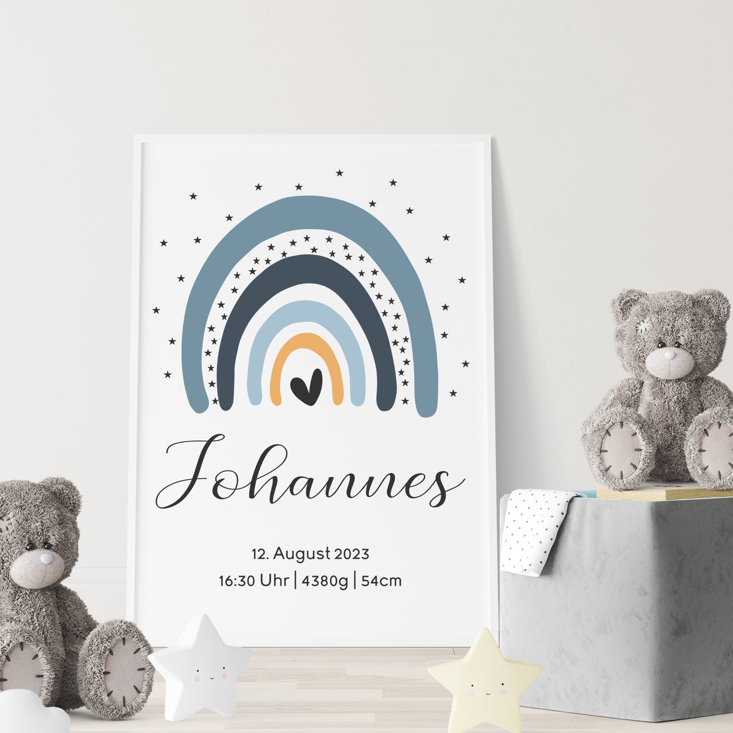 Geburtsposter Geburtsdaten personalisiert Kinderzimmer Regenbogen Blau Jungen