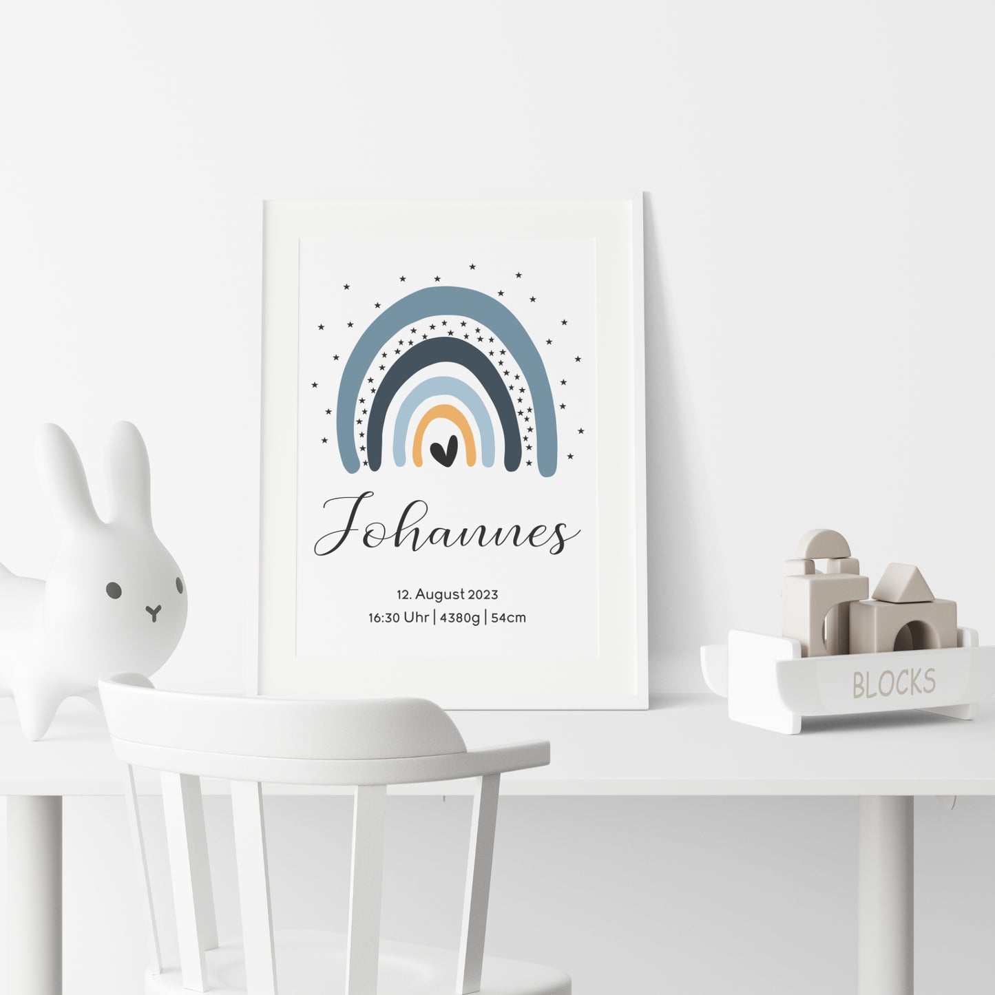 Geburtsposter Geburtsdaten personalisiert Kinderzimmer Regenbogen Blau Jungen