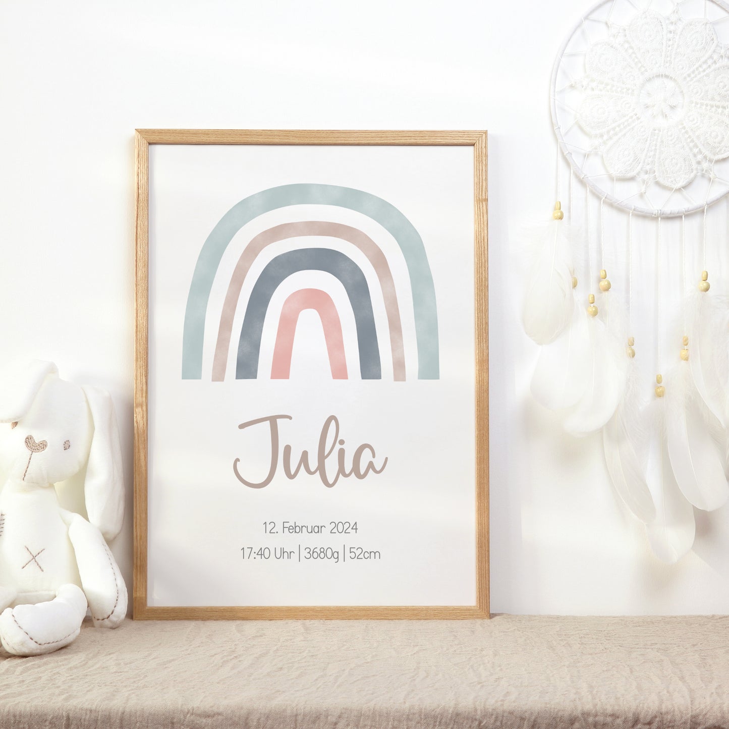 Geburtsposter Geburtsdaten personalisiert Kinderzimmer Regenbogen Blau Rosa
