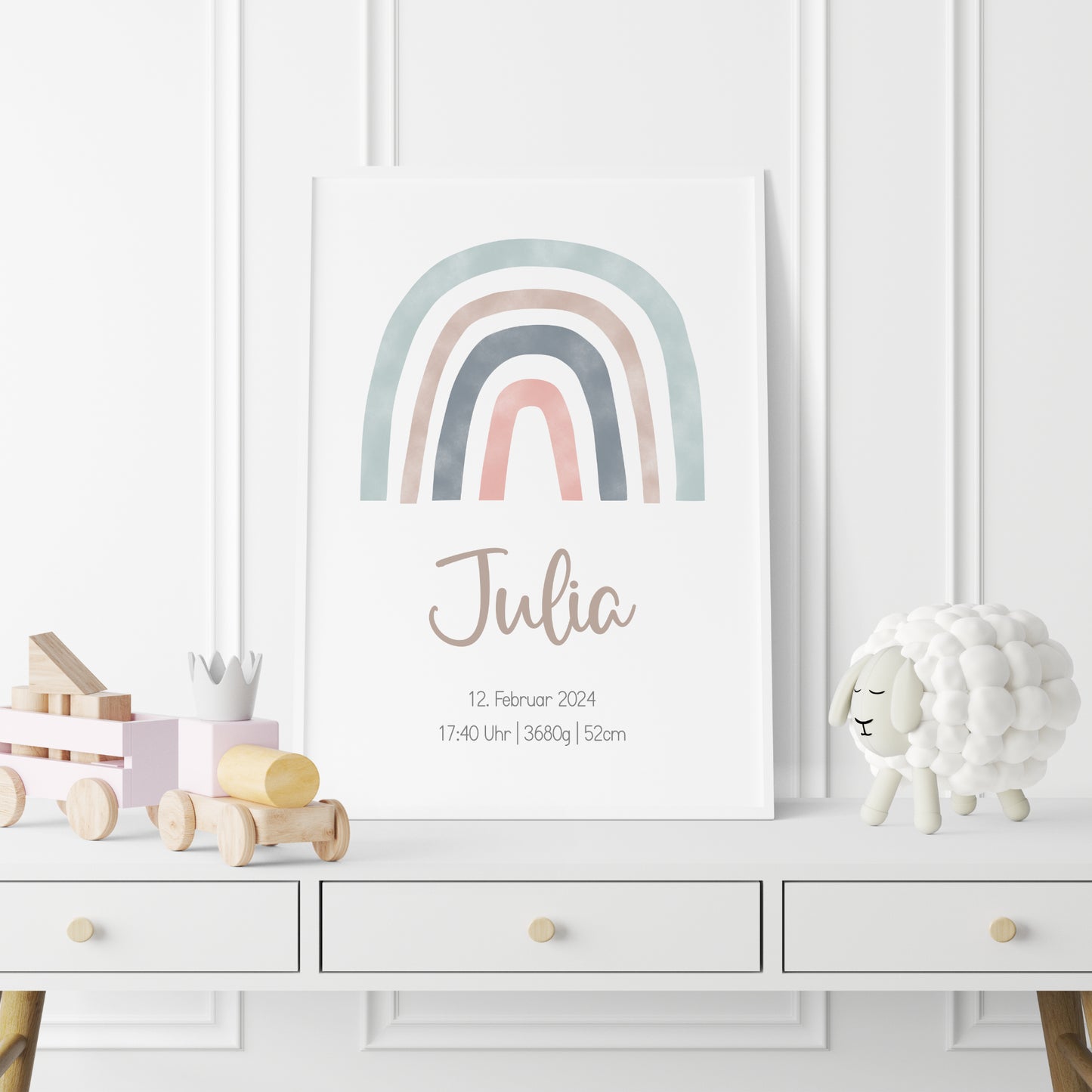 Geburtsposter Geburtsdaten personalisiert Kinderzimmer Regenbogen Blau Rosa
