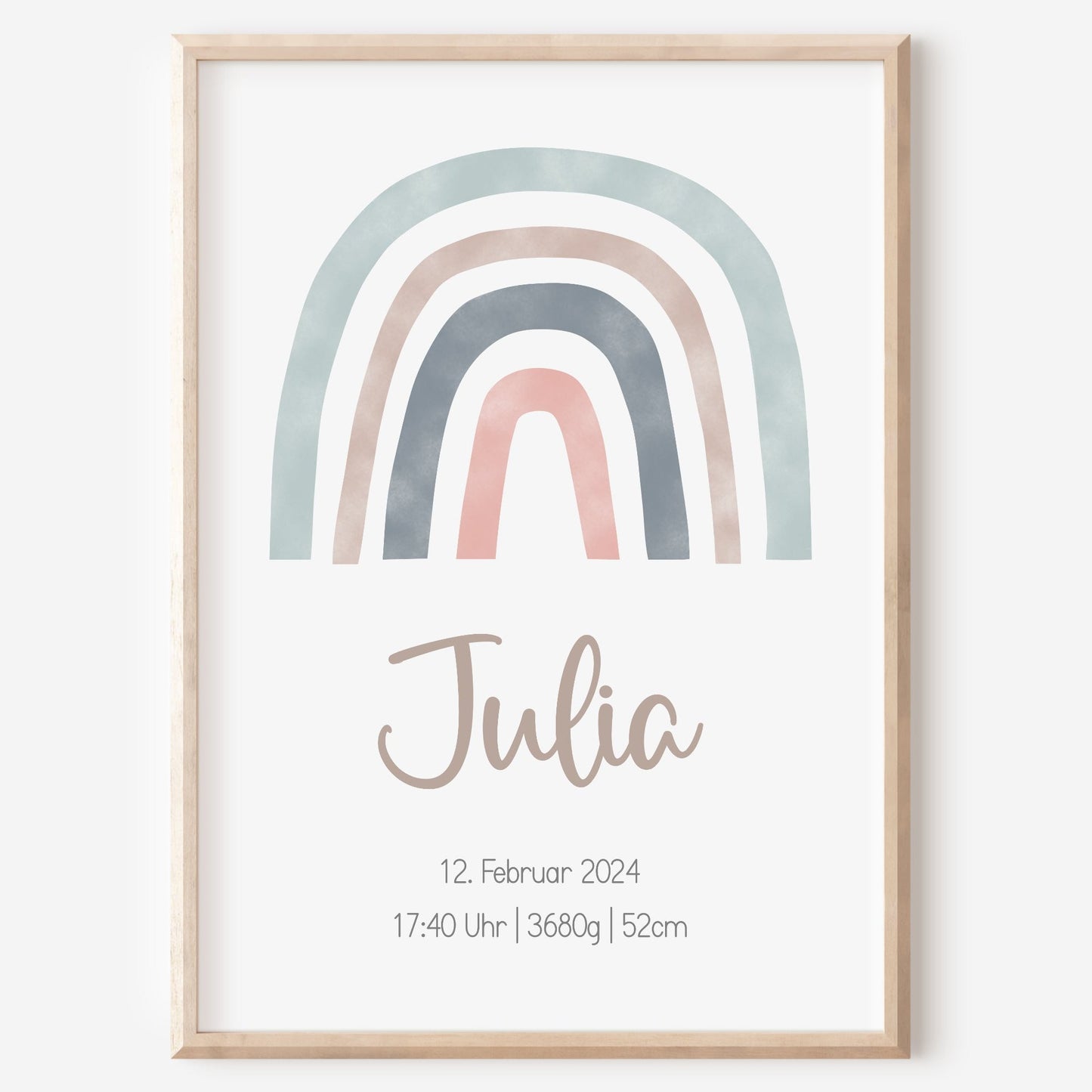 Geburtsposter Geburtsdaten personalisiert Kinderzimmer Regenbogen Blau Rosa