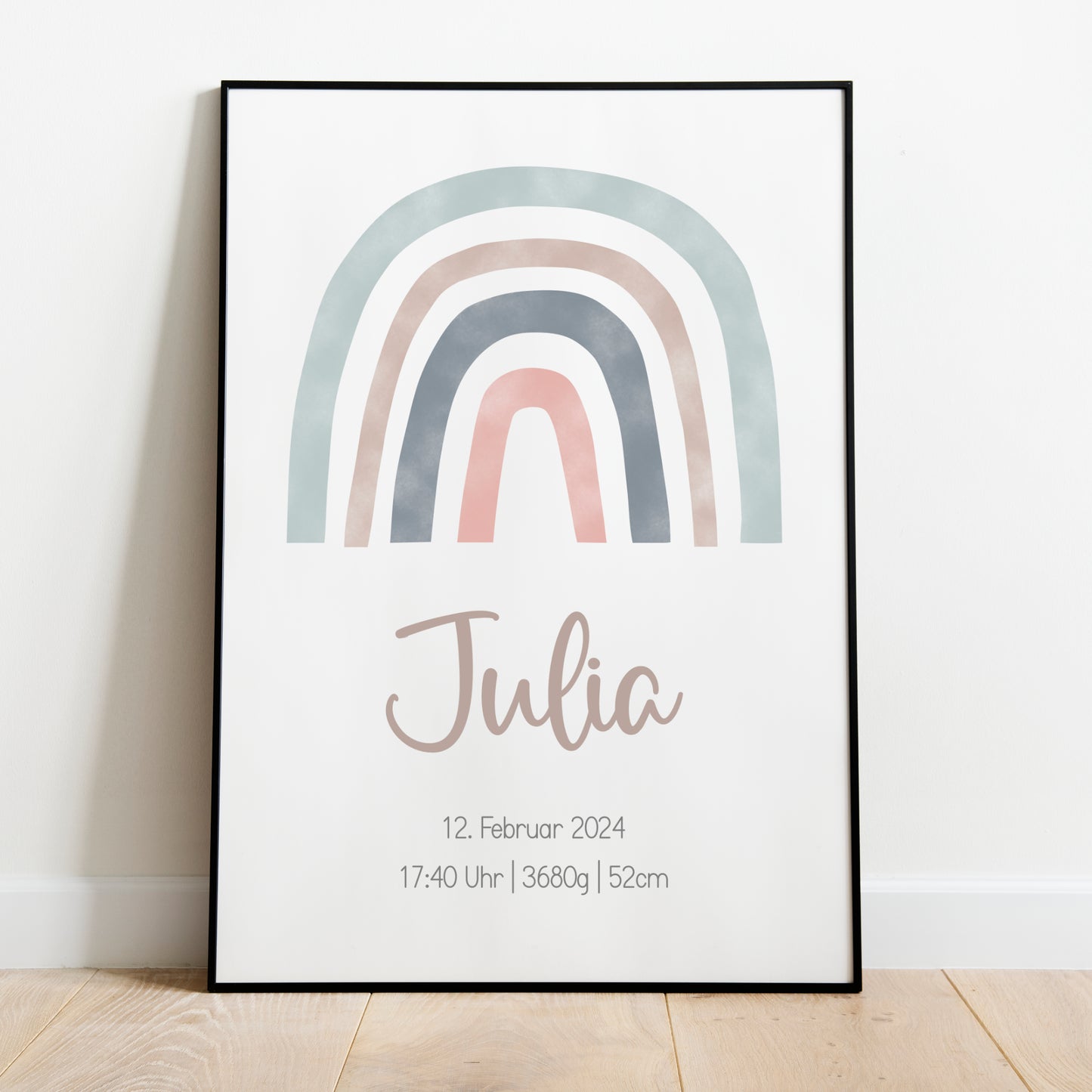 Geburtsposter Geburtsdaten personalisiert Kinderzimmer Regenbogen Blau Rosa