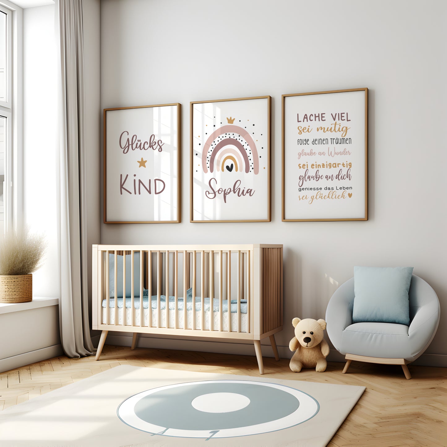 Geburtsposter 3er Set Motivation personalisiert Kinderzimmer Regenbogen Mädchen