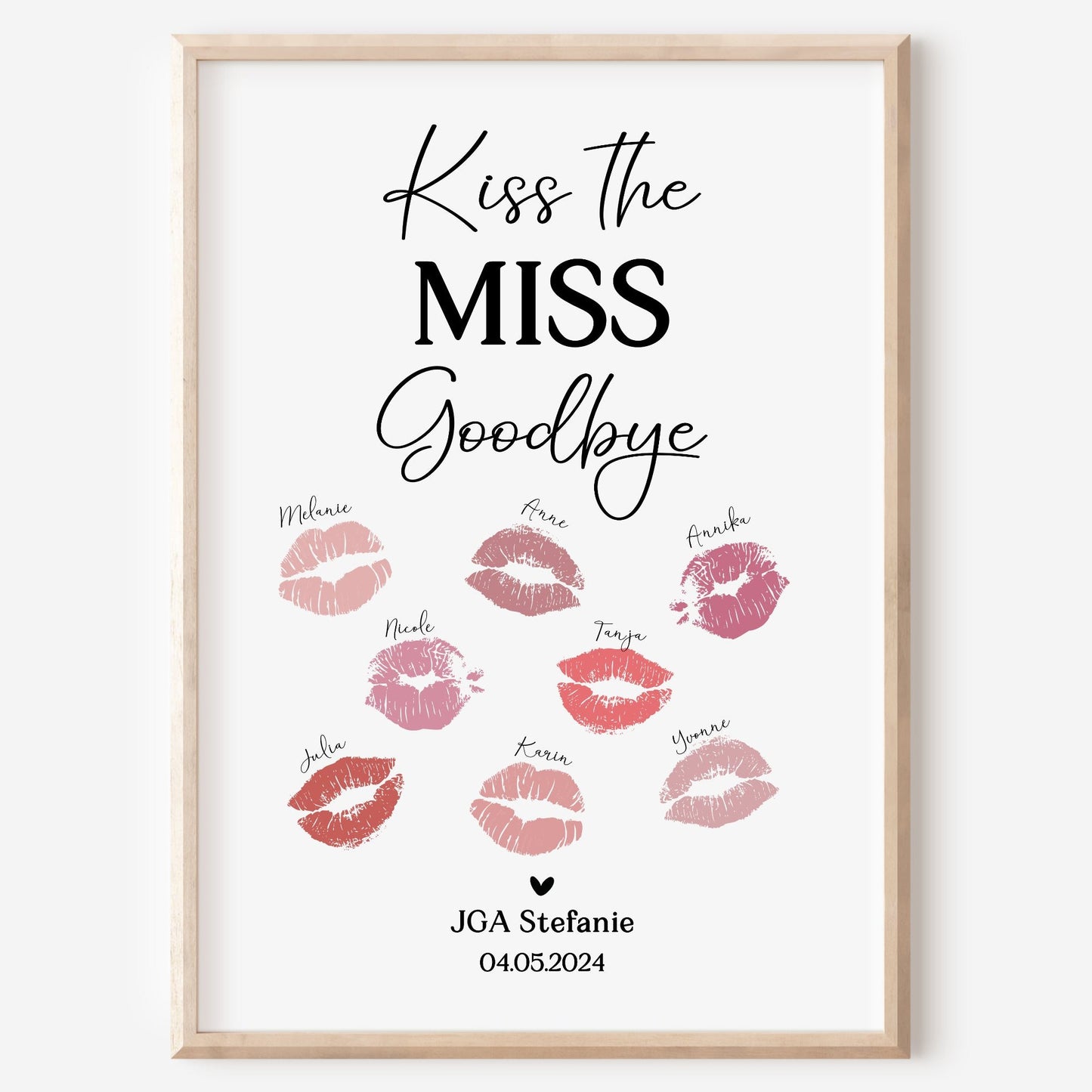 Kussmund Poster JGA Junggesellinnenabschied Personalisiert Brautparty Kiss the Miss Goodbye