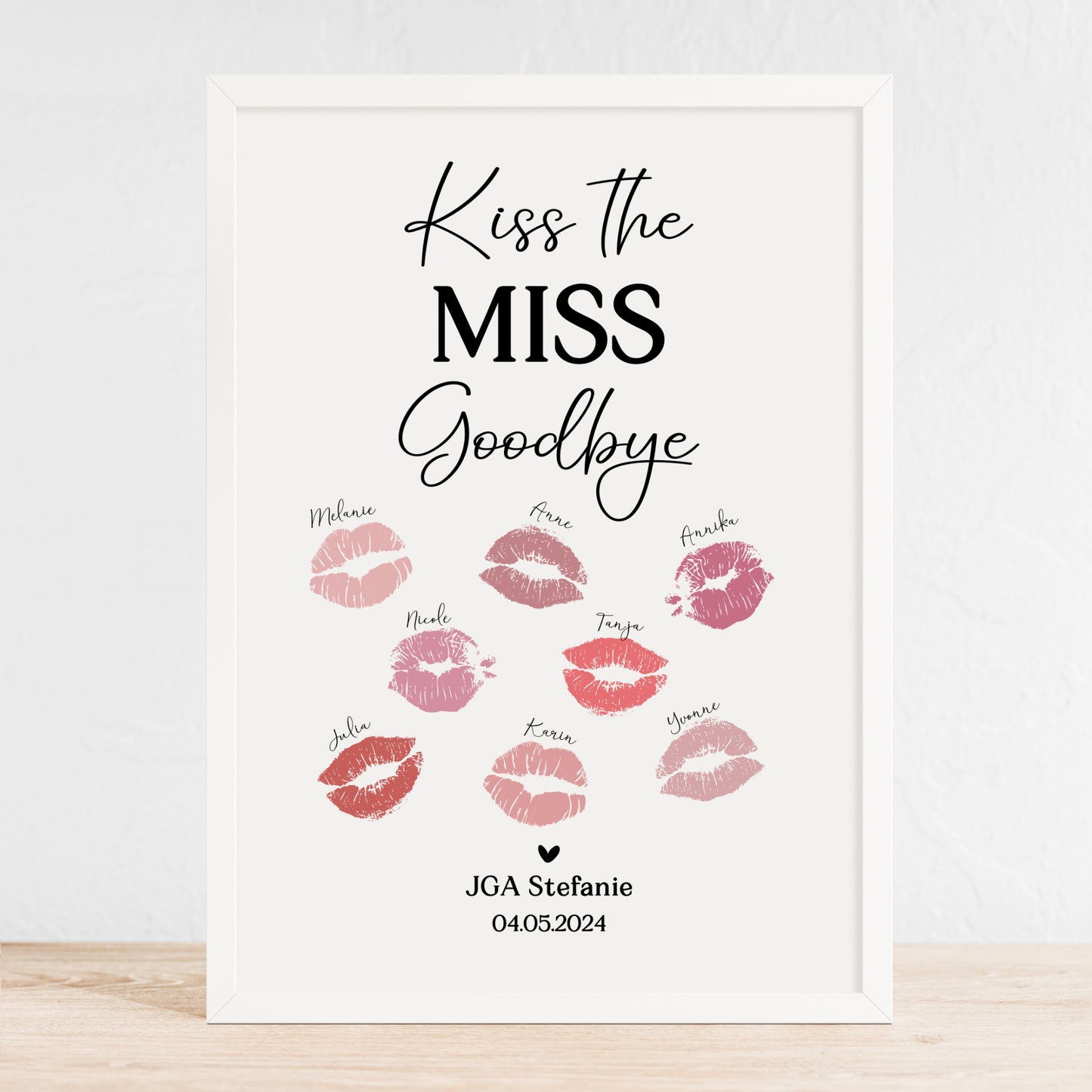 Kussmund Poster JGA Junggesellinnenabschied Personalisiert Brautparty Kiss the Miss Goodbye
