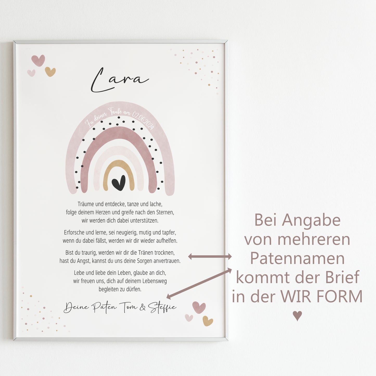 Patenbrief für Patenkind personalisiert Taufe Regenbogen Aquarell Rosa