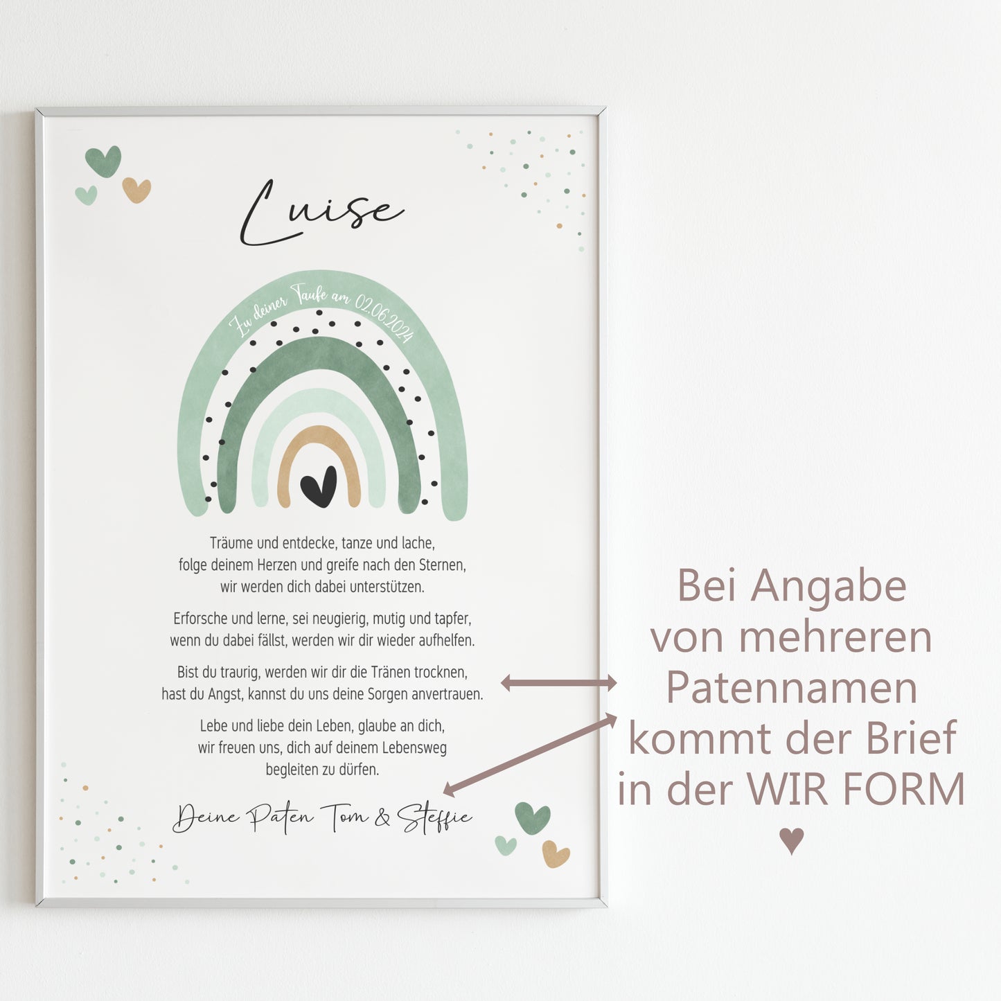 Patenbrief für Patenkind personalisiert Taufe Regenbogen Aquarell Grün