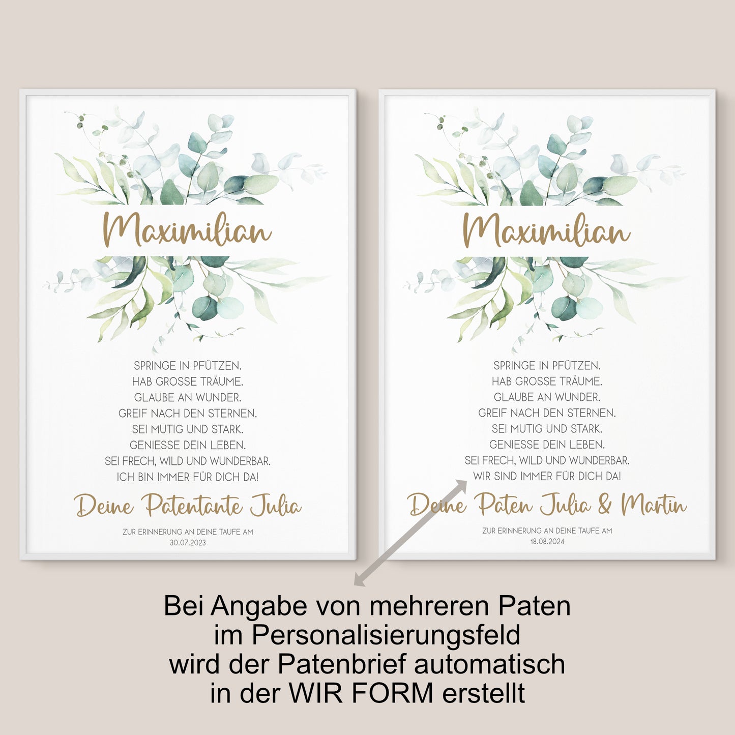 Patenbrief Poster Patenkind Taufgeschenk Taufe personalisiert Taufbrief Eukalyptus Mädchen Jungen Grün