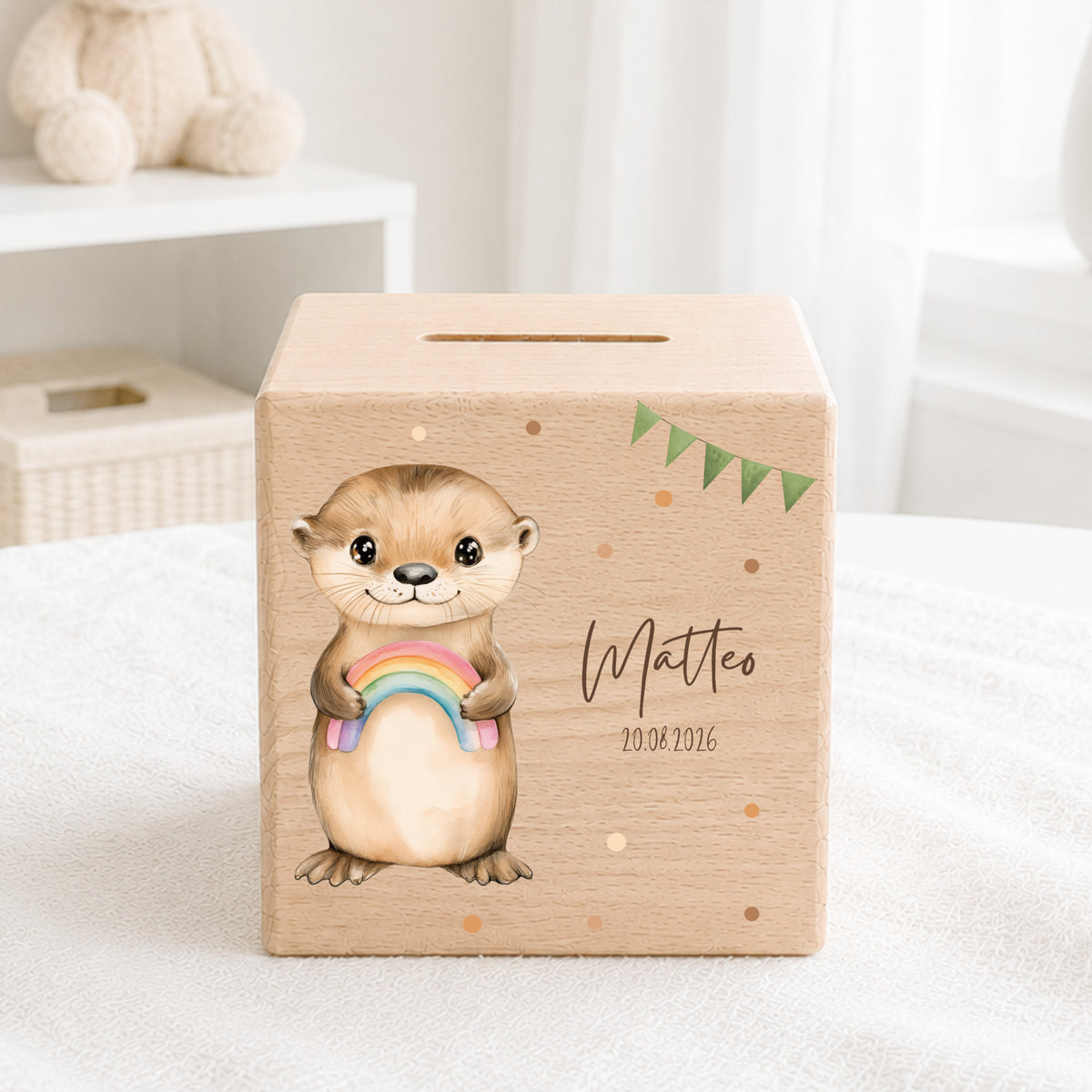 Spardose aus Holz mit Otter Bild für Kinder personalisiert mit Namen