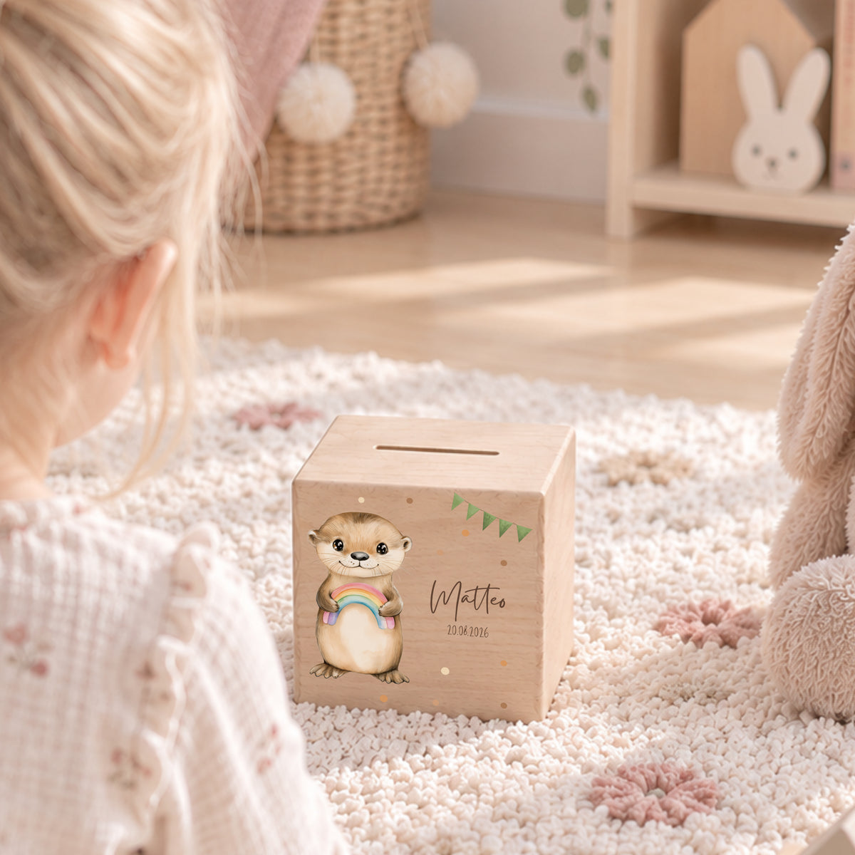 Spardose aus Holz mit Otter Bild für Kinder personalisiert mit Namen