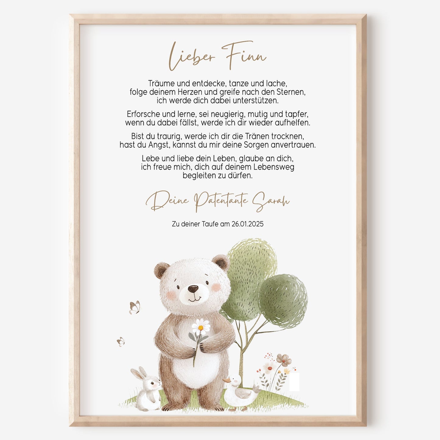 Patenbrief Taufe Patenkind Taufgeschenk Poster oder Datei personalisiert Taufbrief Bär Mädchen Junge