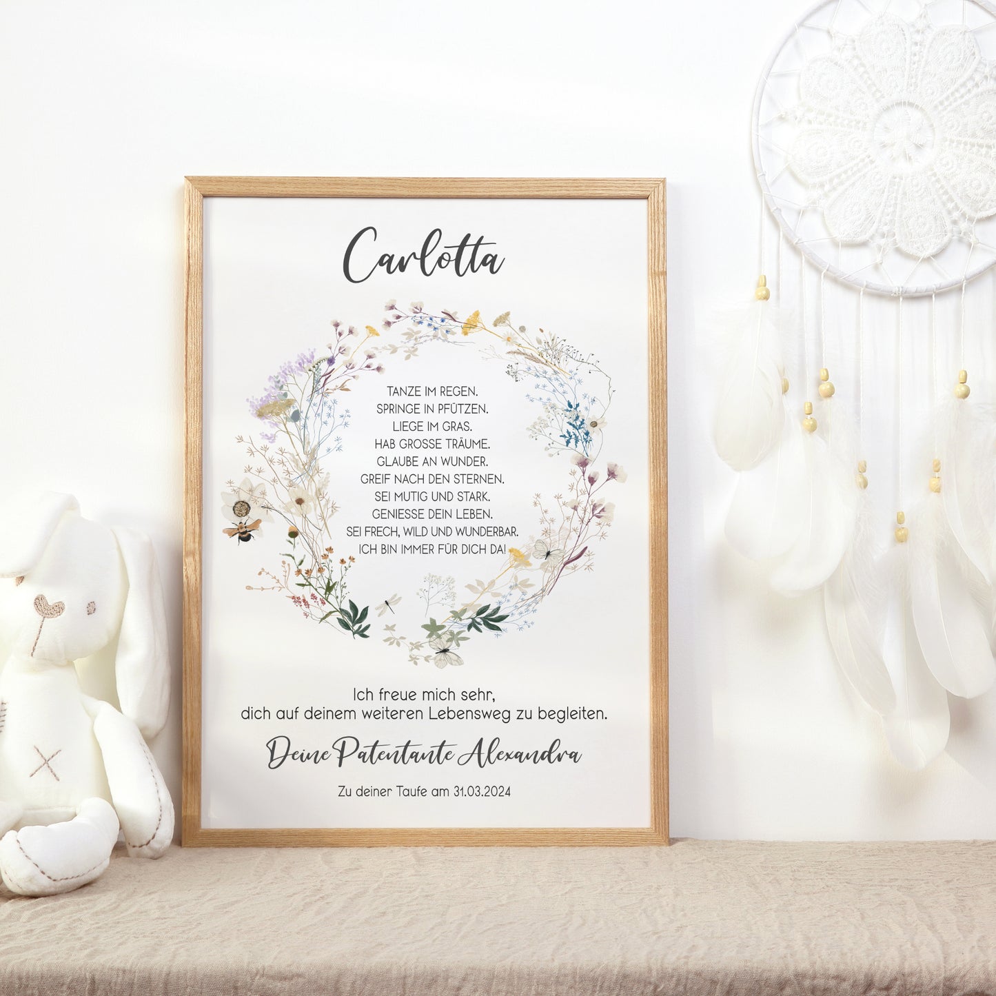 Patenbrief für Patenkind personalisiert Taufe Regenbogen Wildblumen