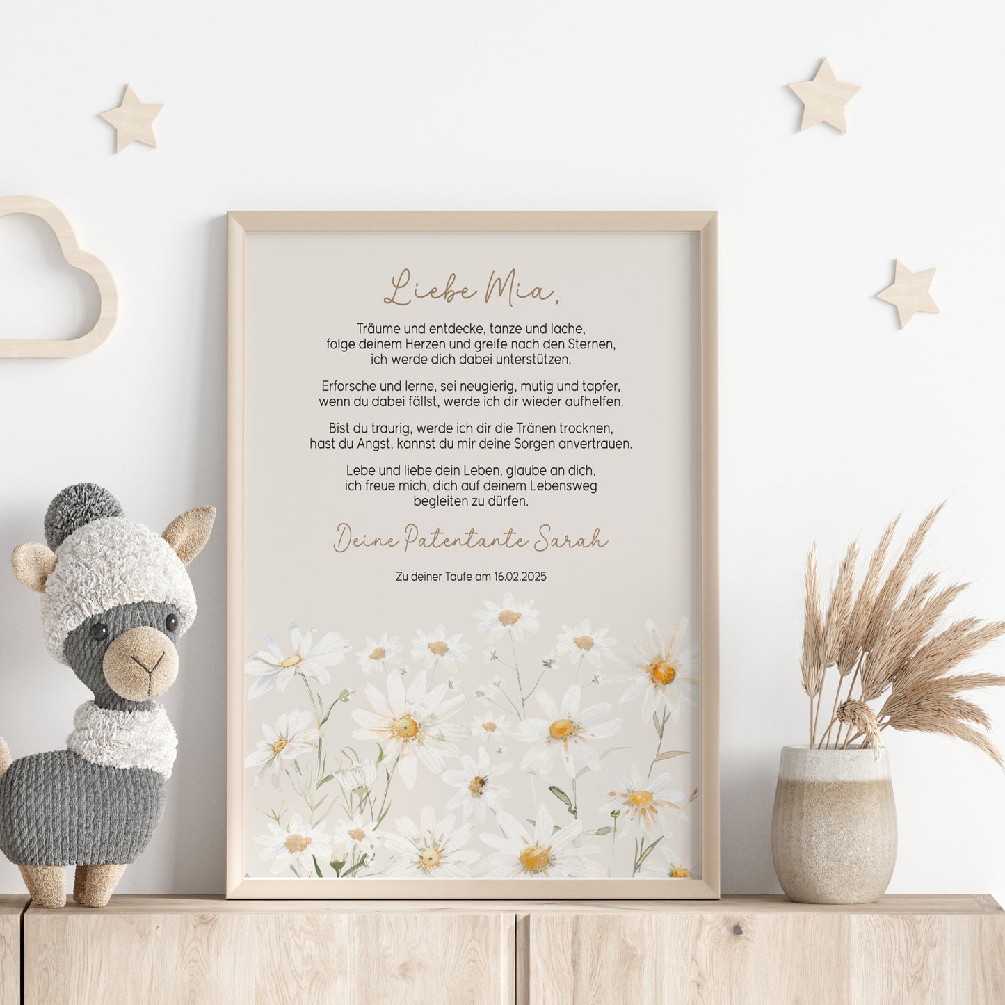 Patenbrief Taufe Patenkind Gänseblümchen Wildblumen Taufgeschenk Poster oder PDF personalisiert Taufbrief Mädchen Junge