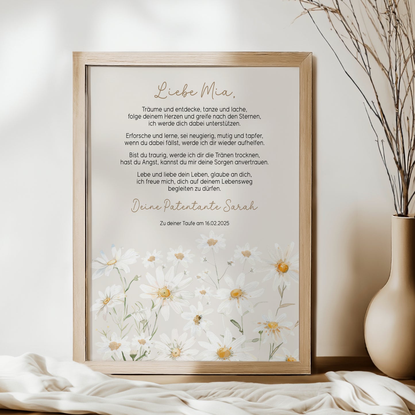 Patenbrief Taufe Patenkind Gänseblümchen Wildblumen Taufgeschenk Poster oder PDF personalisiert Taufbrief Mädchen Junge