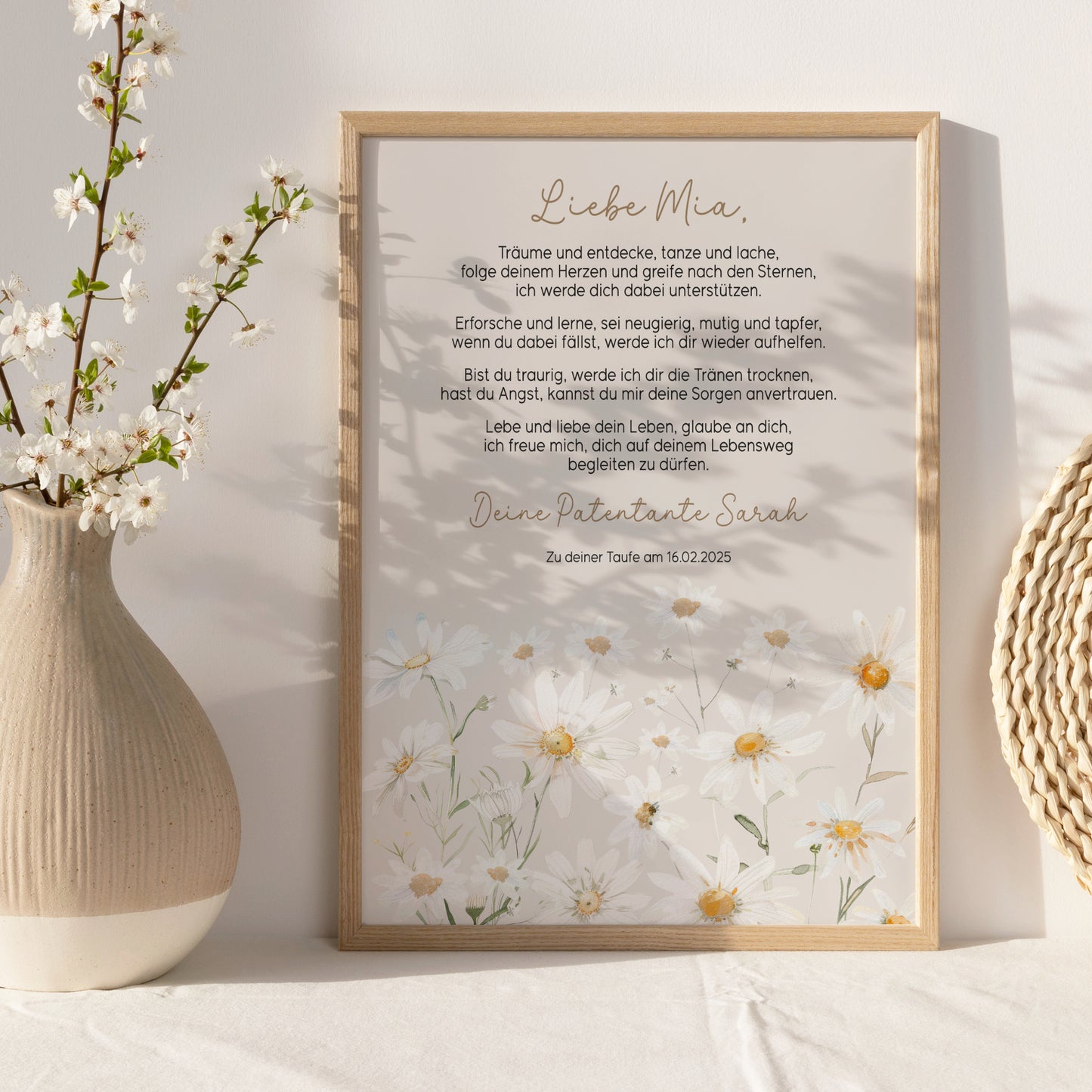 Patenbrief Taufe Patenkind Gänseblümchen Wildblumen Taufgeschenk Poster oder PDF personalisiert Taufbrief Mädchen Junge